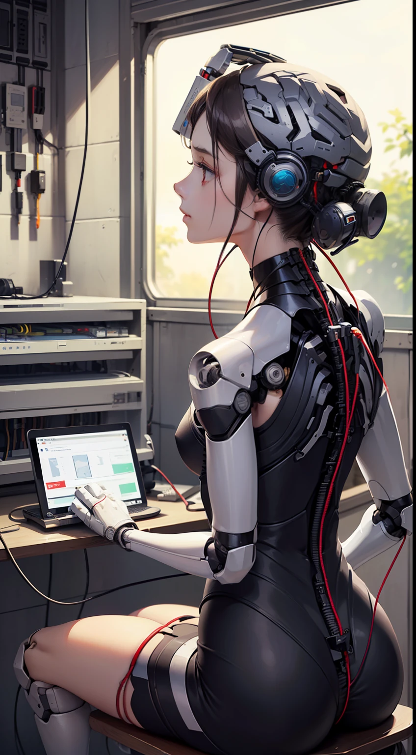 (((masterpiece))), (((best quality))), ((ultra-detailed)), (highly detailed CG illustration), ((an extremely delicate and beautiful)),(cute delicate face),cinematic light,((1mechanical girl)),solo,full body,(machine made joints:1.4),((machanical limbs)),(explosed muscles),(blood vessels connected to tubes),(a brain in container:1.3),((mechanical vertebra attaching to back)),((mechanical cervial attaching to neck)),((sitting)),expressionless,(wires and cables attaching to head and body:1.5),small breasts,short hair,(character focus),science fiction