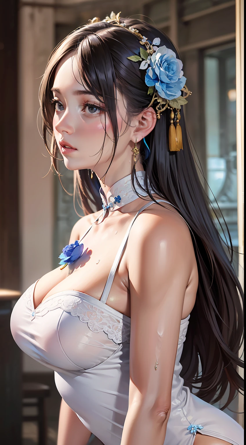 dreamy,(best quality, masterpiece:1.2), photorealistic, ultra high res, front lighting, intricate detail, Exquisite details and textures, ultra realistic 8k cg, flawless, clean, masterpiece, professional artwork, famous artwork, cinematic lighting, cinematic bloom, fantasy art, incredibly_absurdres, conformity to dynamics, aerodynamic compliance,
chinese clothes, breasts, black hair, ((china dress)), earrings, jewelry, large breasts, sleeveless, (((white dress with blue flower))), (bare shoulders), (wet dress), (see through),sleeveless dress, (transparent underwear), straight hair, blurry, black eyes,(realistic, photo-realistic:1.3)