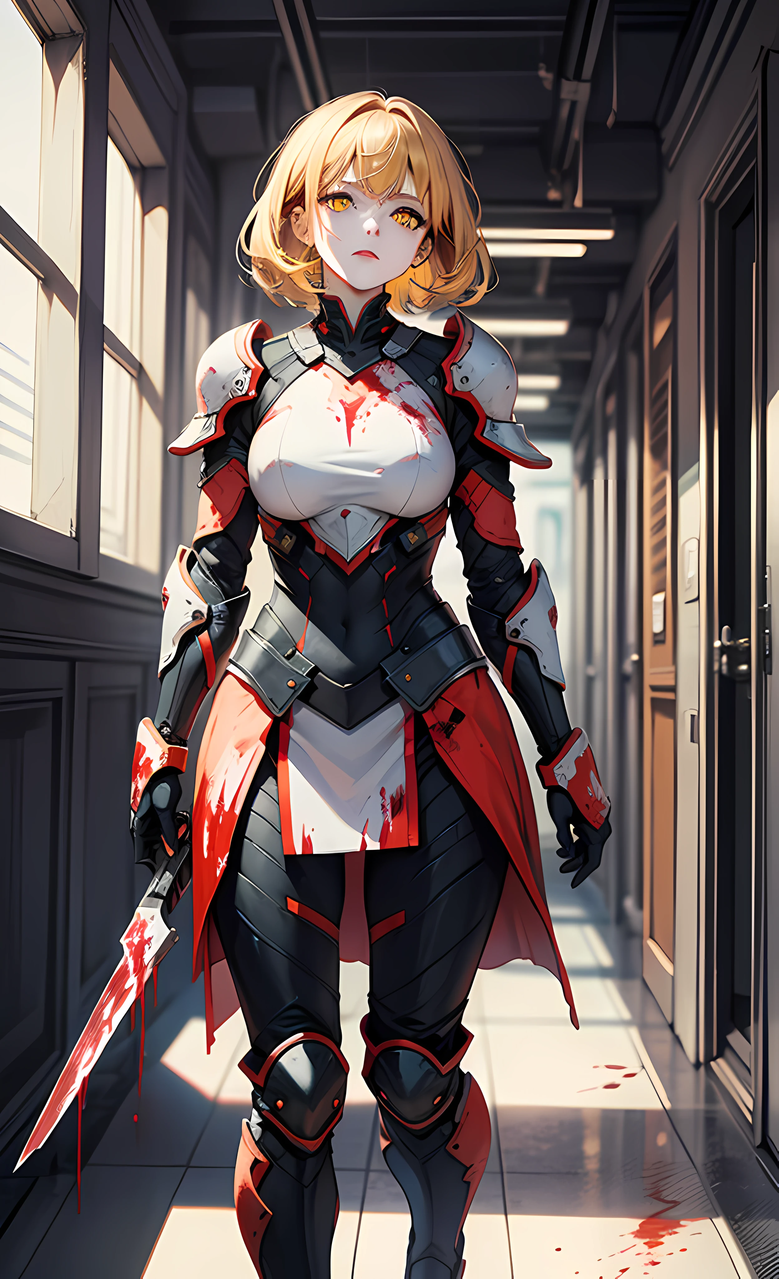 (Masterpiece), (wearing biofusion armor), holding a laser sword, best quality, 1 girl, pale skin, yellow hair with melancholy expression, messy hair, yellow eyes, glowing eyes, creepy, crazy expression, blood on face, blood on clothes, walking, falling, hanging arm, loose arm, school, hallway, darkness, lighting, creepy, scary, flashing lights, blood, horror, dim light, monster killed