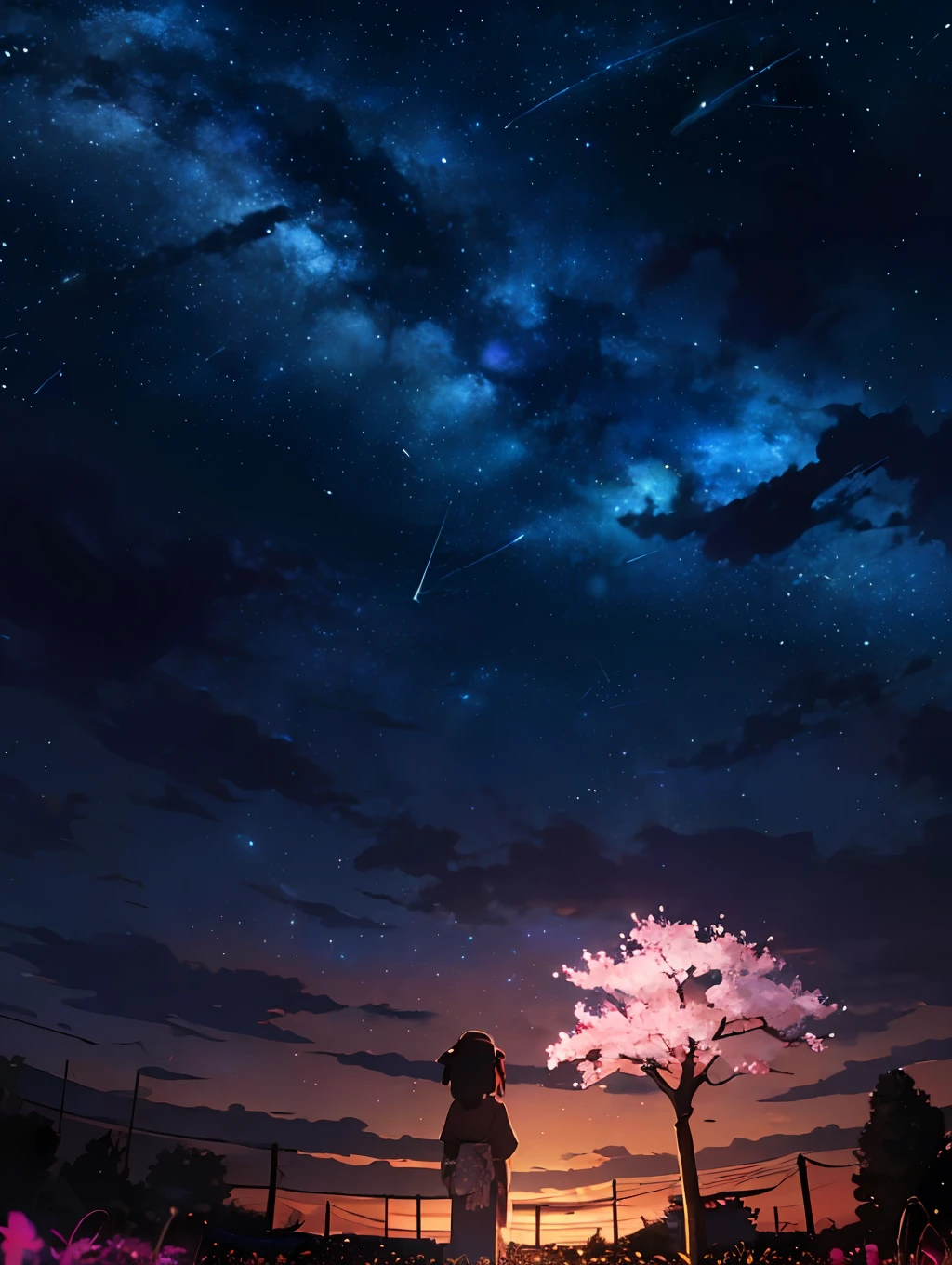 1girl, distant girl wearing a kimono staring at the stars, (zoomed out:1.1), (meteor shower:1.2), (comet:1.1), your name, low angle, from behind, aroura borealis, shooting star, yukata, red kimono, cherry blossoms, standing in a field,best quality, masterpiece,  cloud,colorful, starry,stars,