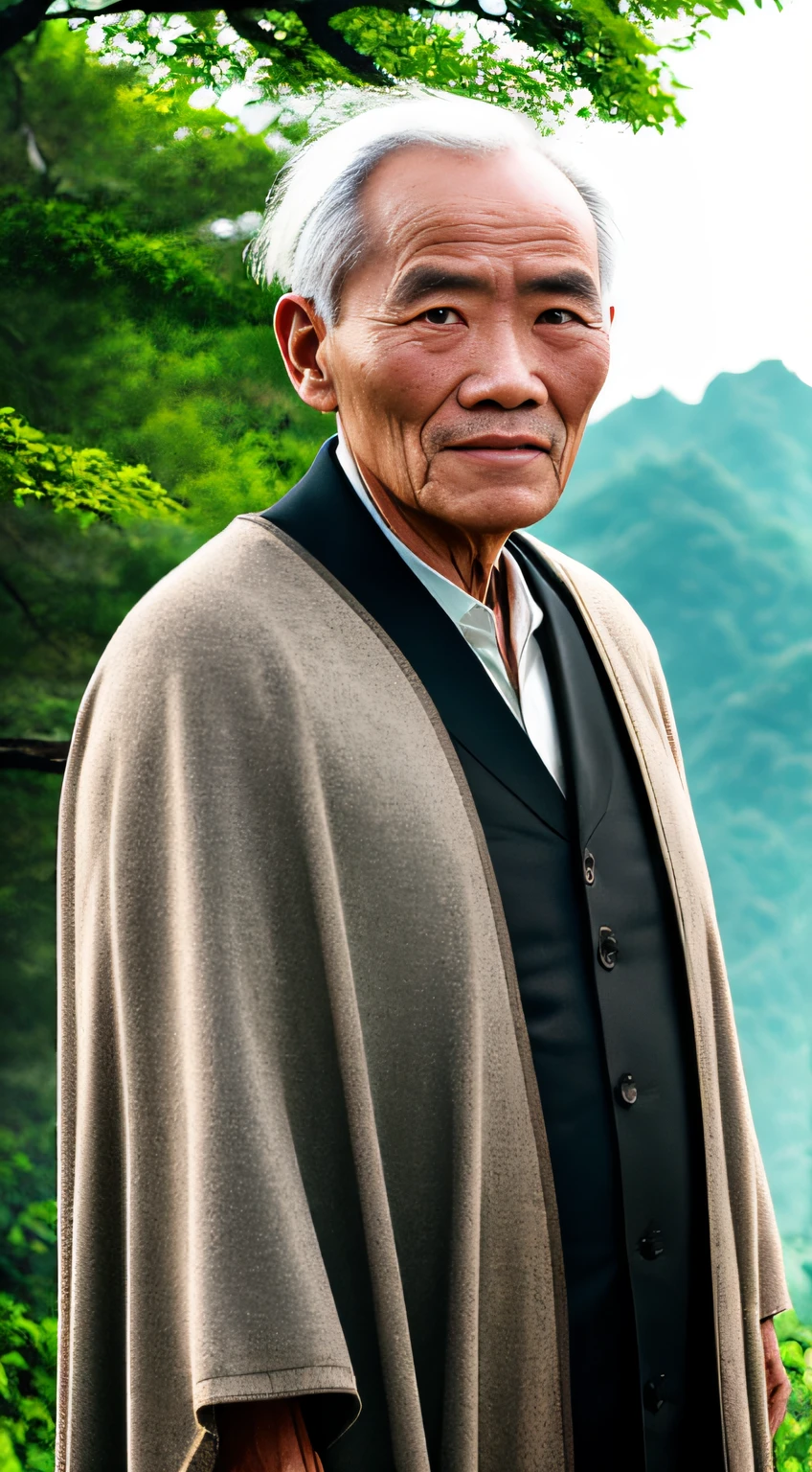 Portrait photography style, world masterpiece, super unique high professional digital art, film format, hyper-realism, color cinematography with ultra-fine details and quality, background is deep in the forest, an old man in rural China, an old man with wisdom. He wears an old cloak and his eyes are kind and shrewd. His skin has been blackened and powerful by the sun and rain, and the wrinkles are fixed on the corners of his mouth and forehead, making it seem that his years have precipitated. Although wearing a dark gown, although simple in appearance, it exudes sublime wisdom and a sense of tenacity of strength.