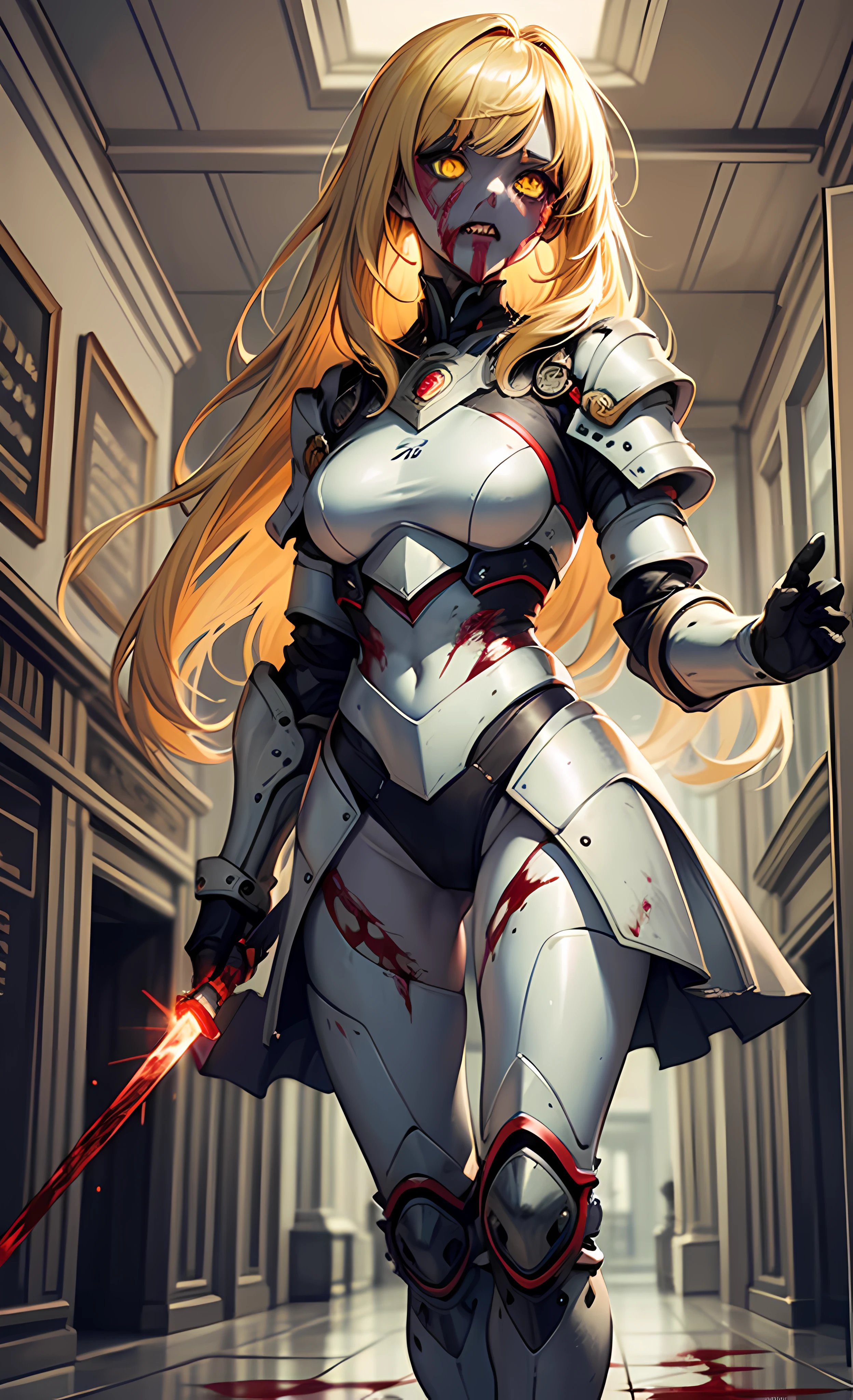 (Masterpiece), (wearing biofusion armor), holding a laser sword, best quality, 1 girl, pale skin, yellow hair with melancholy expression, messy hair, yellow eyes, glowing eyes, creepy, crazy expression, blood on face, blood on clothes, walking, falling, hanging arm, loose arm, school, hallway, darkness, lighting, creepy, scary, flashing lights, blood, horror, dim light, monster killed