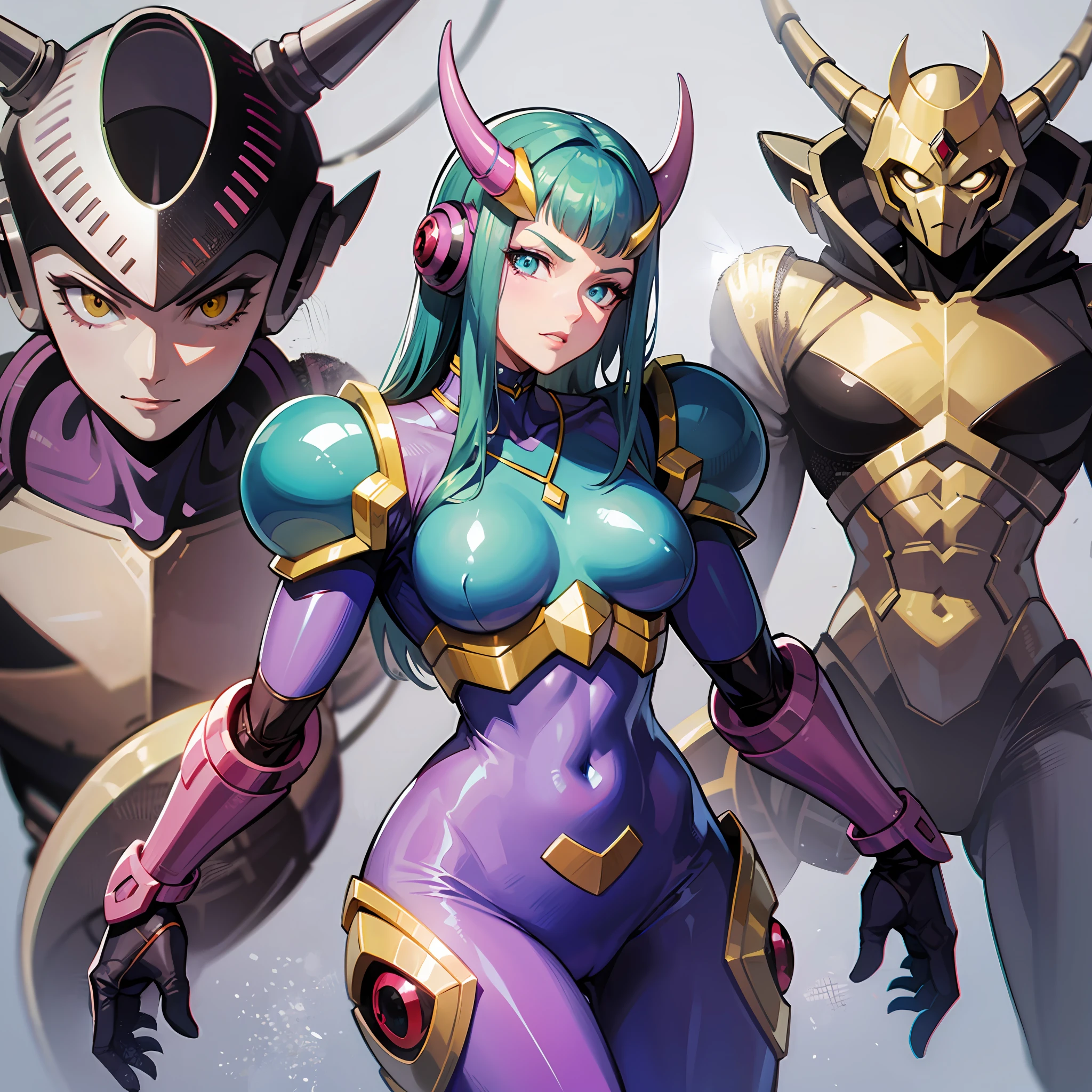 Hot insect humanoid woman, Guyver style, evil look, scaraber reploid, bellows tail, cel shade adult animation, alien queen,