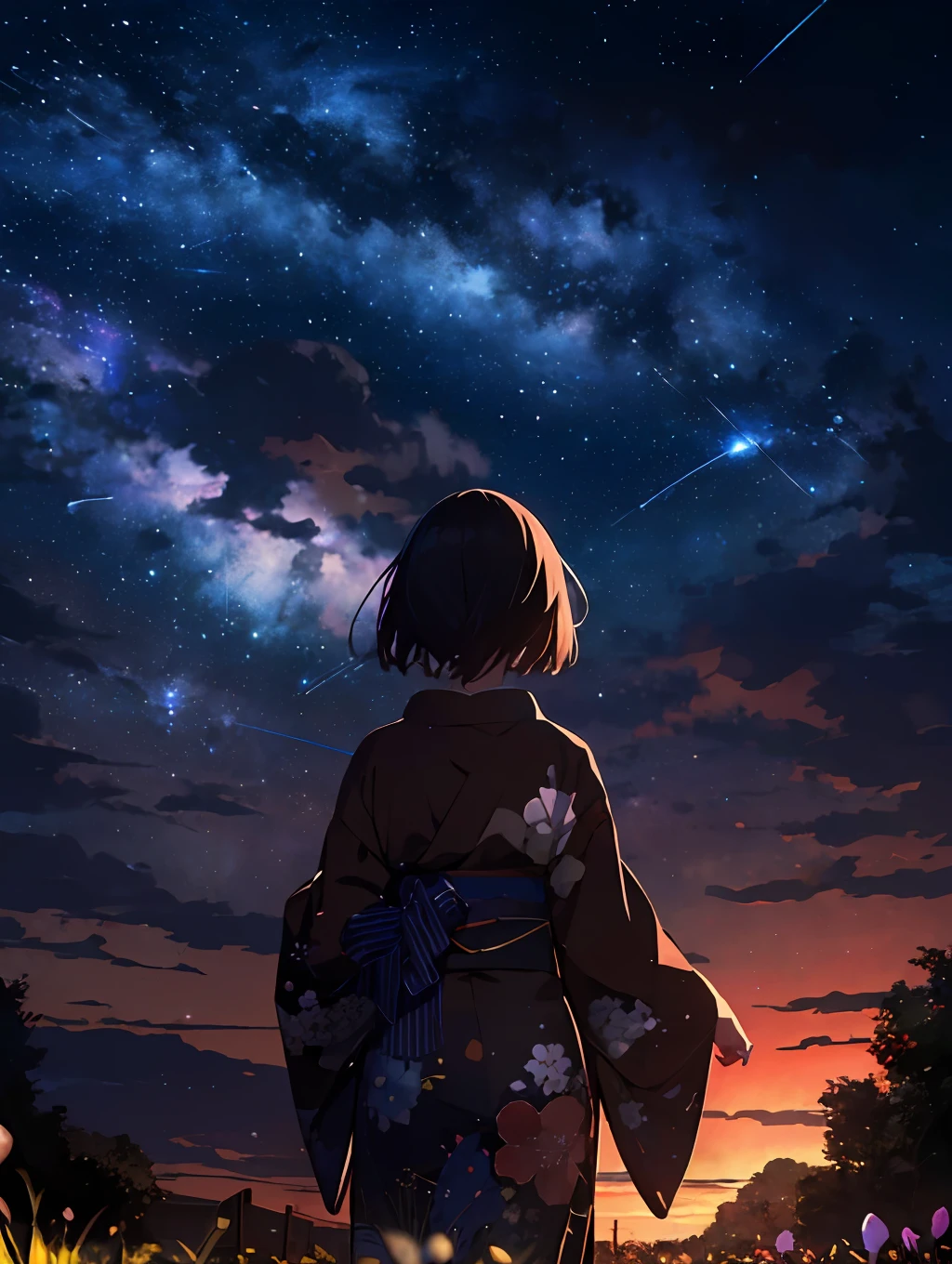 1girl, distant girl wearing a kimono staring at the stars, (zoomed out:1.1), (meteor shower:1.2), (comet:1.1), your name, low angle, from behind, aroura borealis, shooting star, yukata, red kimono, cherry blossoms, standing in a field,best quality, masterpiece, cloud,colorful, starry,stars,