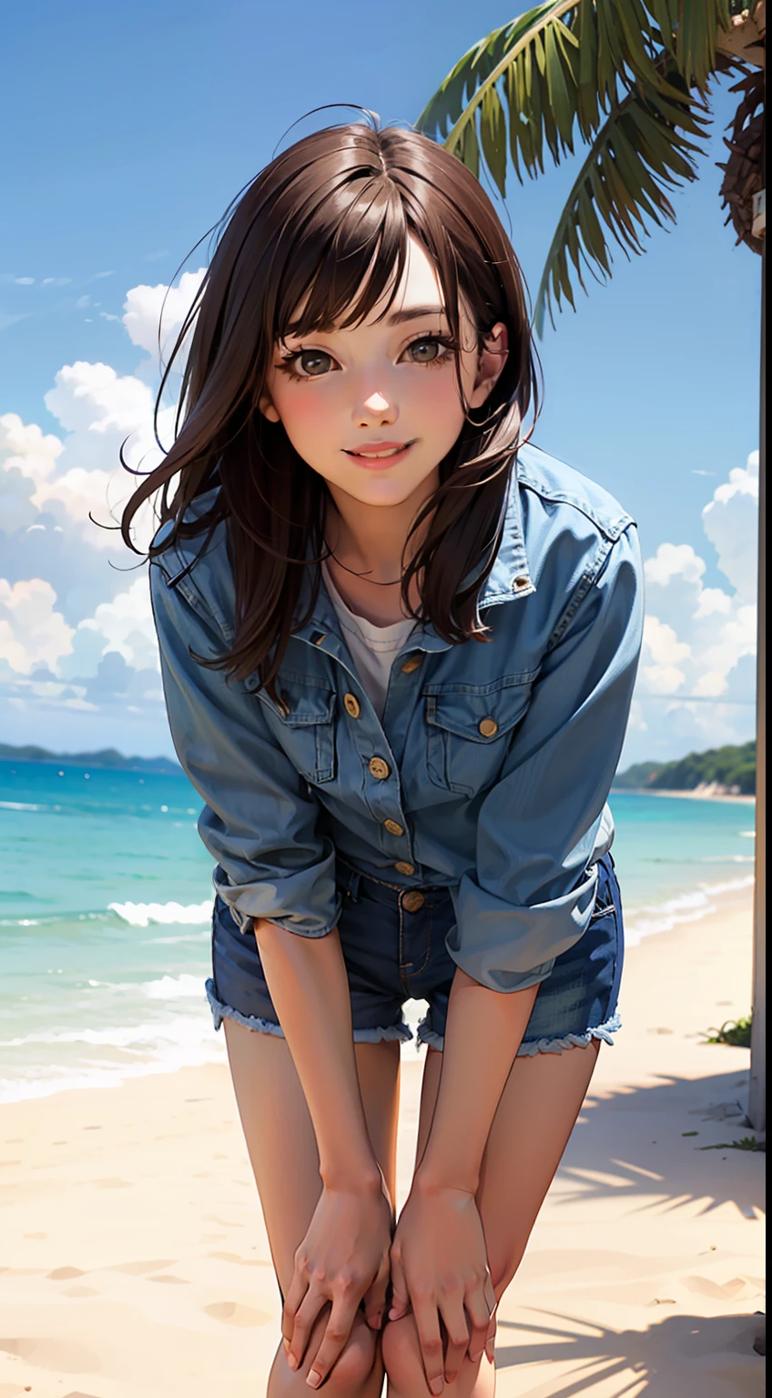 1girl, solo, shorts, brown hair, outdoors, long hair, day, beach, realistic, denim, ocean, leaning forward, smile, looking at viewer, brown eyes, denim shorts, short shorts
