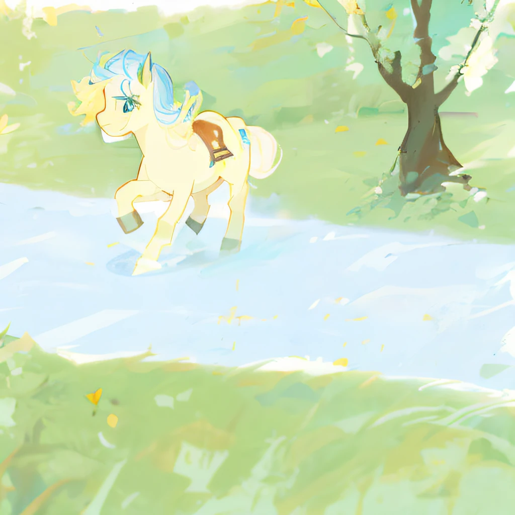 There is a drawing of a pony running in the water, MLP fanart, in a clearing, some yellow and blue, in the countryside, in a clearing, spring, [concept art]!, high-quality fanart, in a forest clearing, sketch painting, on a sunny day, on a sunny day, galloping in the forest, spring morning --auto