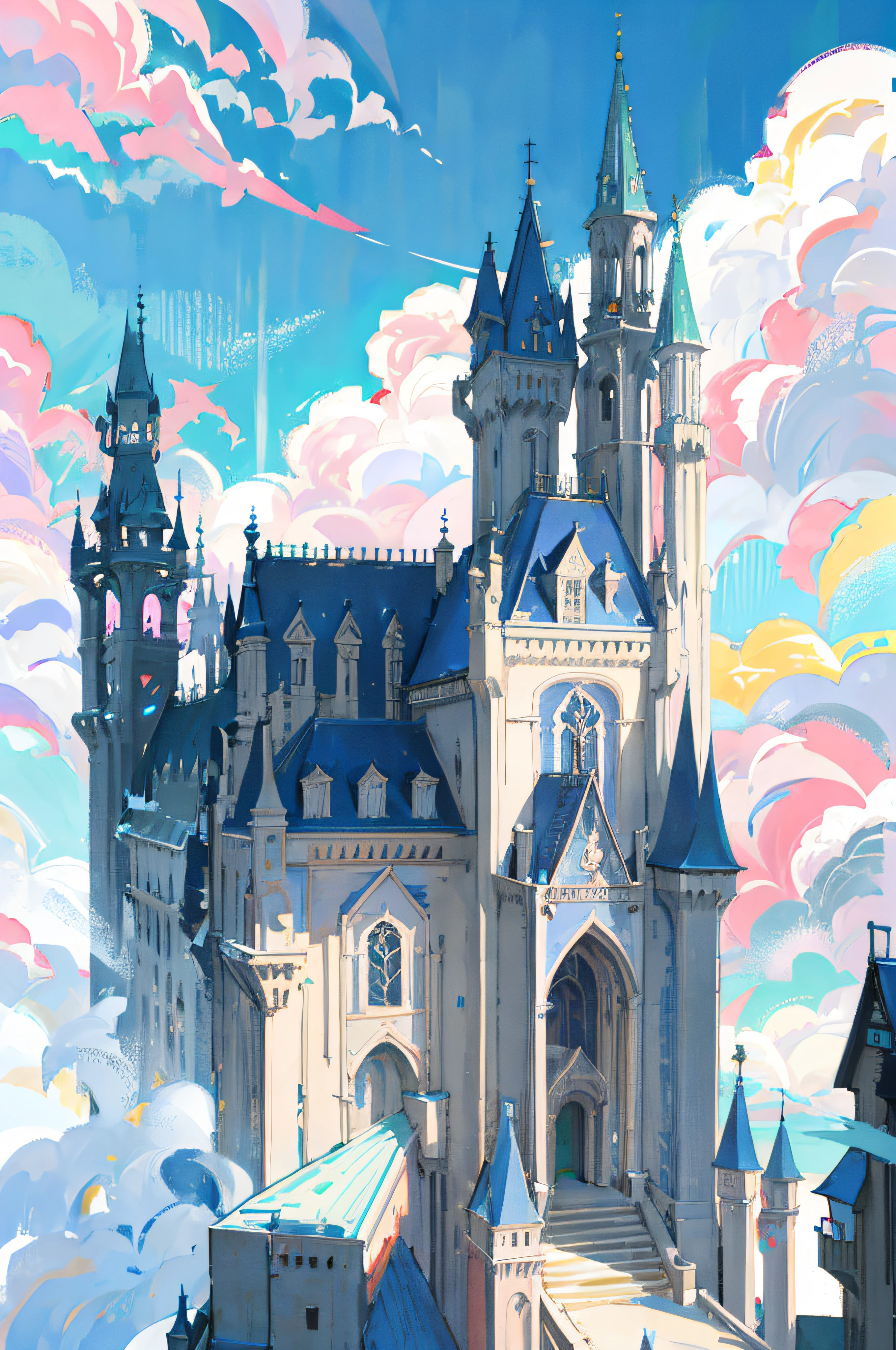 No one, there are many birds flying around the castle in the sky, flying cloud castle, magic castle, magic city, background Hogwarts, dark pastel castle background, fantasy city background, magic castle school on the hill, magical background, castle background, castle in the clouds, fantasy cityscape, milky palace, huge towering magic university, fantasy matte painting, cute, castle made of clouds
