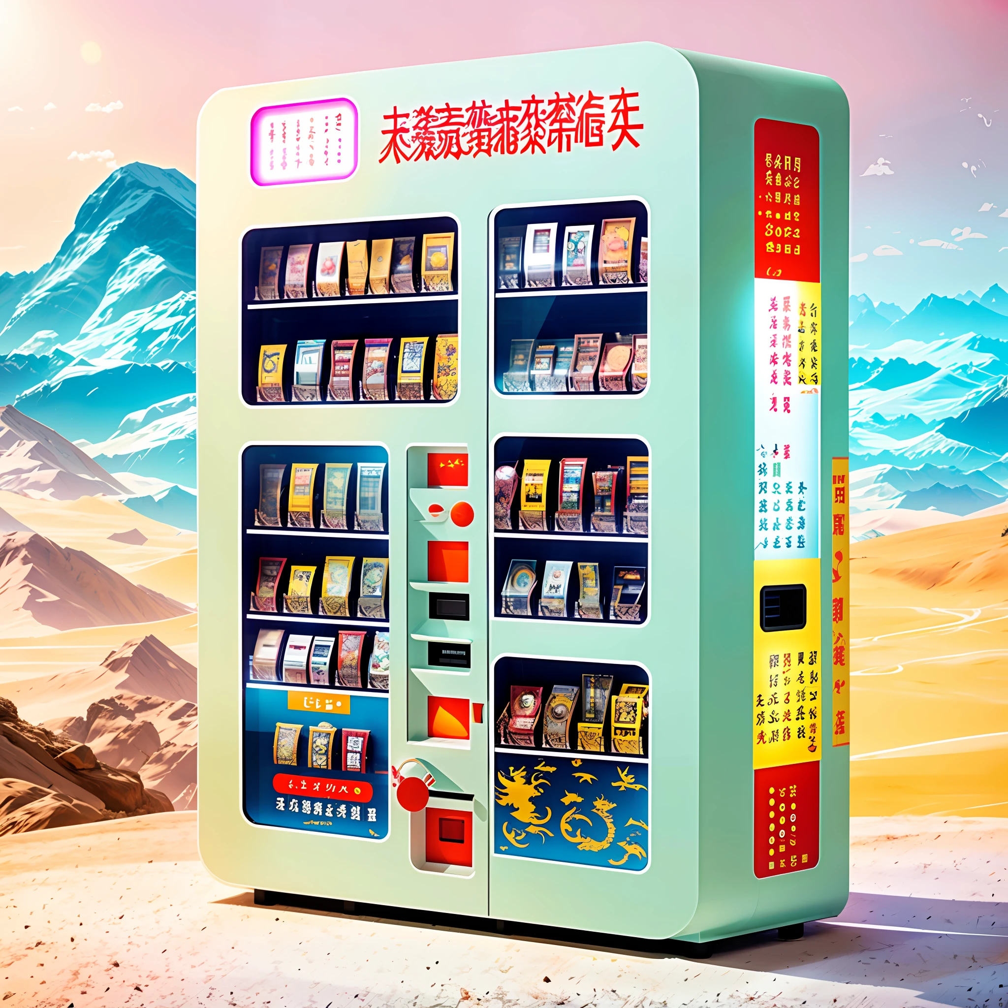 Commemorative coin vending machine, the upper left corner is the display panel, the three grids on the right are product display cabinets, the bottom left is the glass panel for pickup, and the fuselage has traditional Chinese cultural elements, such as Chinese knots, cloud patterns, dragon patterns and other styles