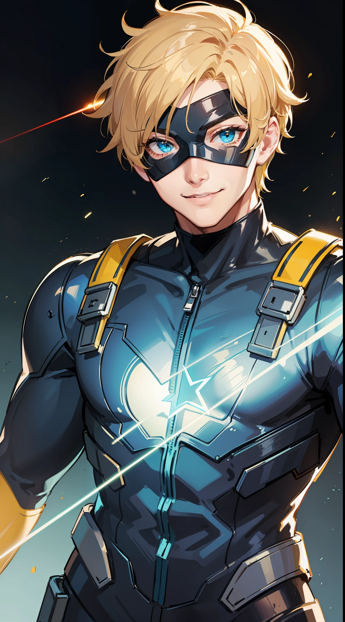 Young guy, short blonde hair, cyan eyes, yellow blue superhero costume, superhero mask, smile, laser, masterpiece, high quality