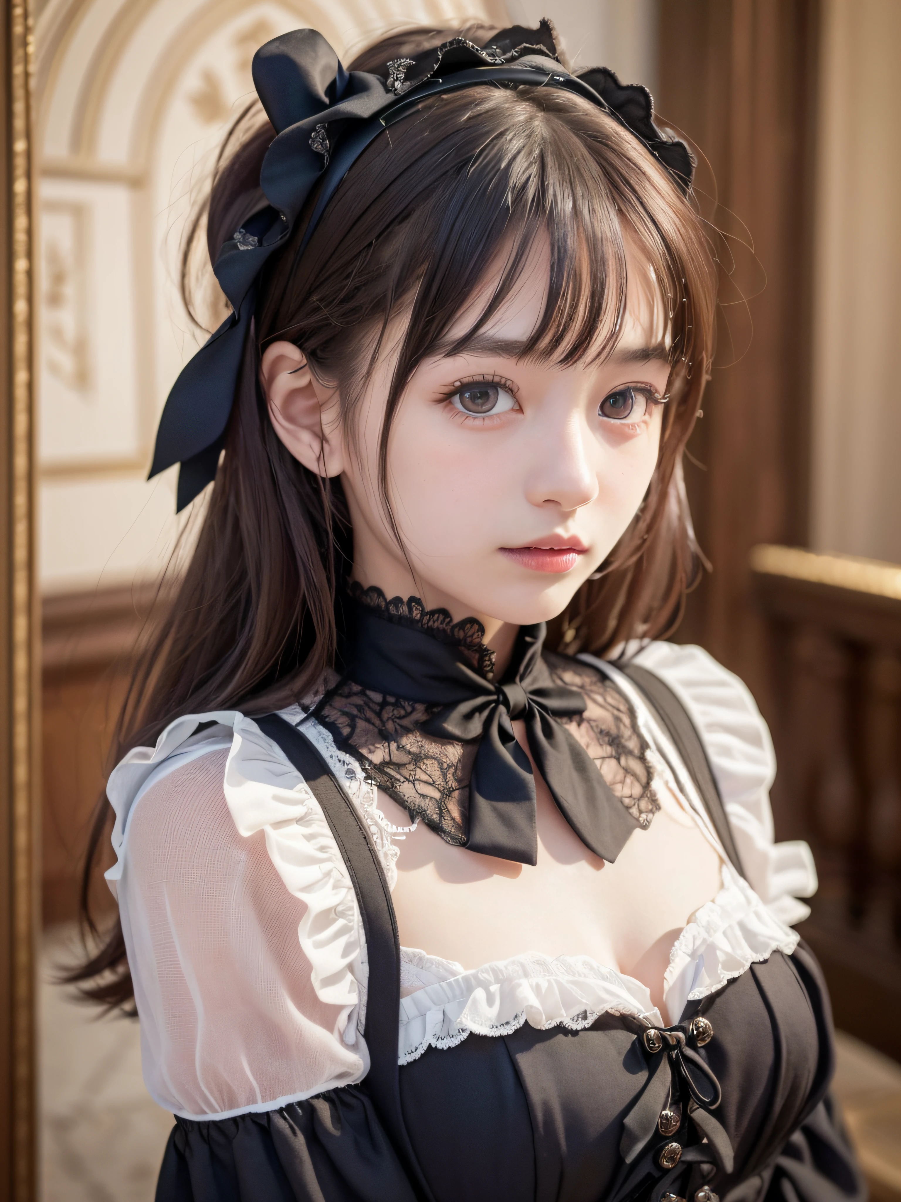 1 nogizaka girl, utterly cute, bishojo, ((())), (gothic loliashion), an exquisitely detailed and beautiful face and eyes and skin, detailed black shine hair, elegant frills, frilled tie, ribbon tie, rose hair accessory, smile at the camera, cowboy shot, castles scenery in europe, professional lighting, (realistic, photo-realistic:1.37), incredibly absurdres, (insanely detailed:1.3), 8k, (masterpiece), (best quality:1.4), (ultra high res:1.2), (RAW photo:1.2), (a dress with delicate lace, soft fabric, and a beautiful rose pattern), perfect anatomy, 4fingers and 1thumbs, ultra detailed background, (unity 8k wallpaper)