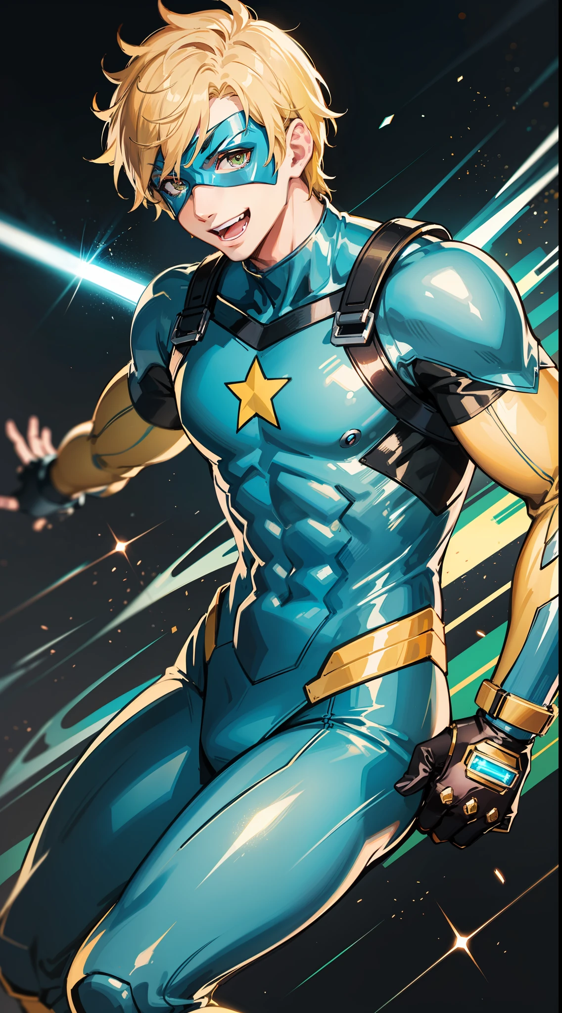 Young guy, short blonde hair, cyan eyes, yellow blue superhero costume, superhero mask, smile, laser, masterpiece, high quality
