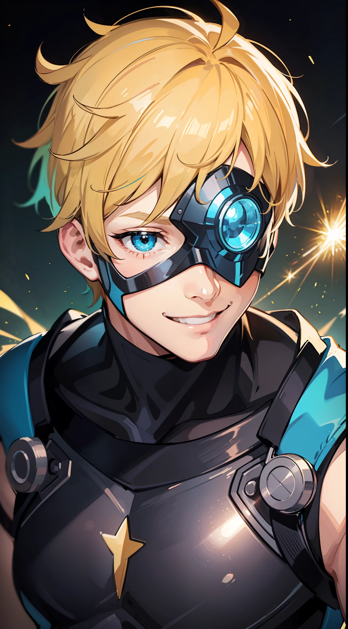 Young guy, short blonde hair, cyan eyes, yellow blue superhero costume, superhero mask, smile, laser, masterpiece, high quality