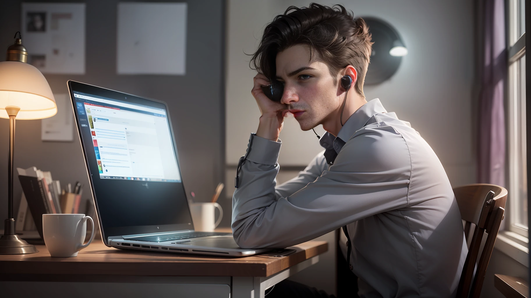 In the dimly lit room, the lamp on the desk glowed faintly, and a young man sat in a chair with a terrified expression, a laptop with a black screen on the desk, answering the call with a mobile phone in his hand, the earpiece some distance from his ear