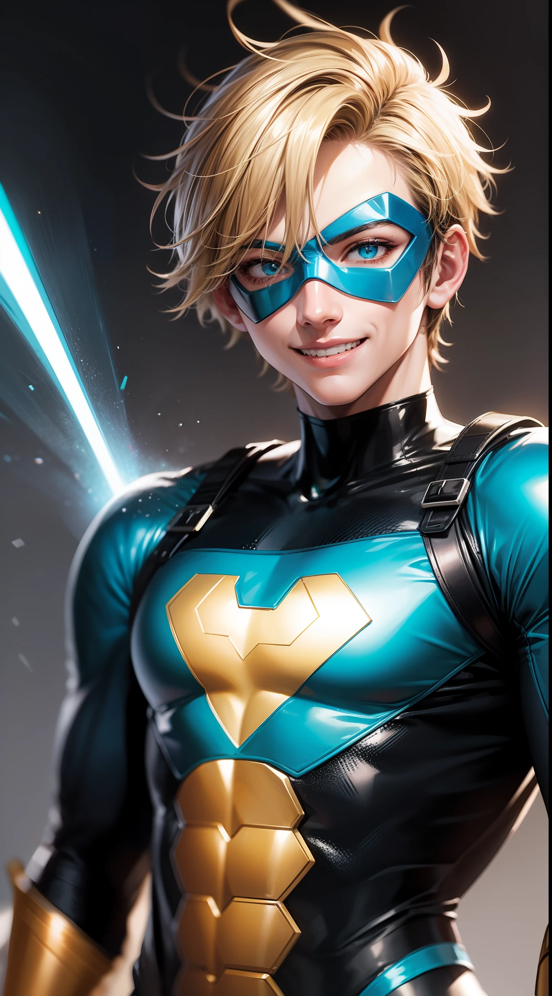 Young guy, short blonde hair, cyan eyes, yellow blue superhero costume, superhero mask, smile, laser, masterpiece, high quality
