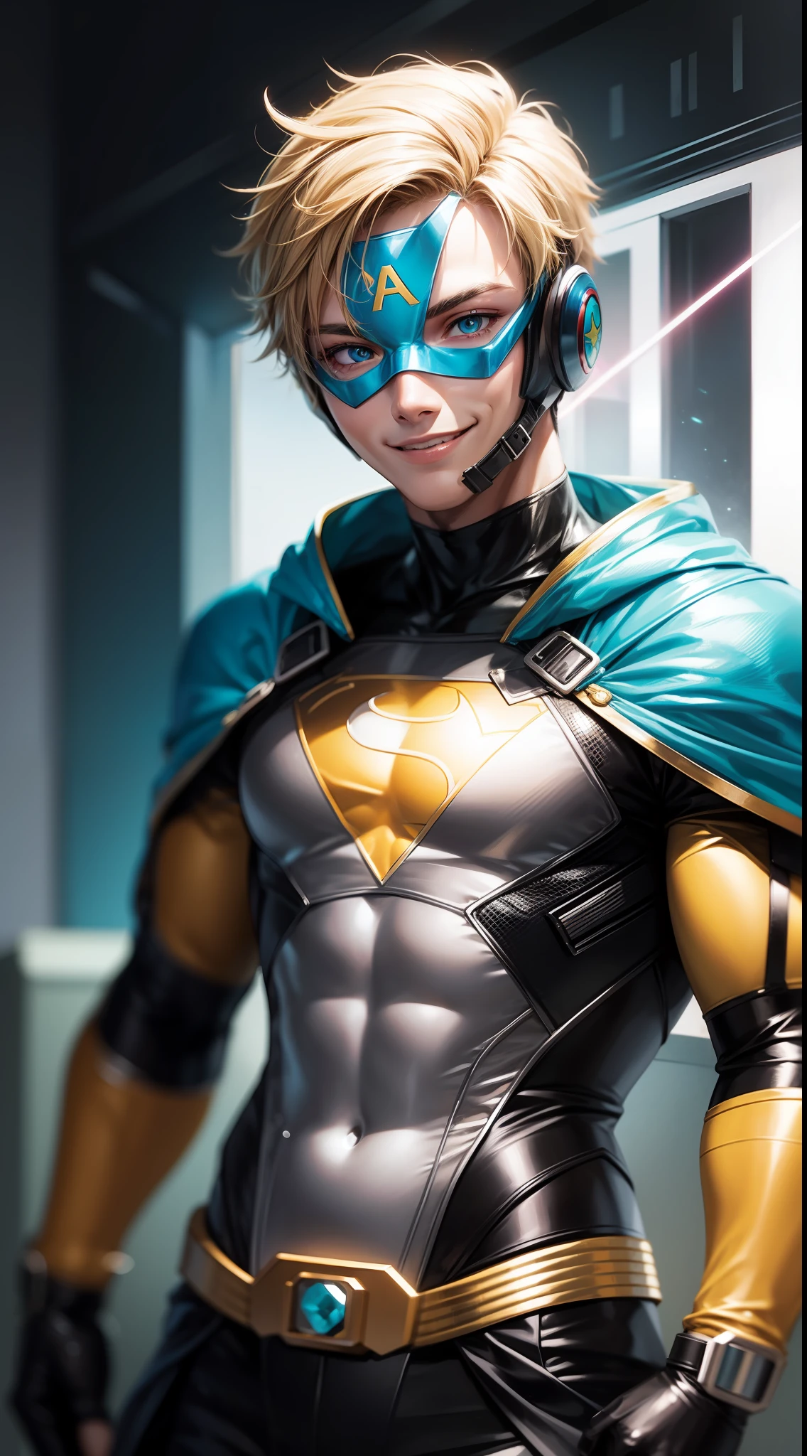 Young guy, short blonde hair, cyan eyes, yellow blue superhero costume, superhero mask, smile, laser, masterpiece, high quality
