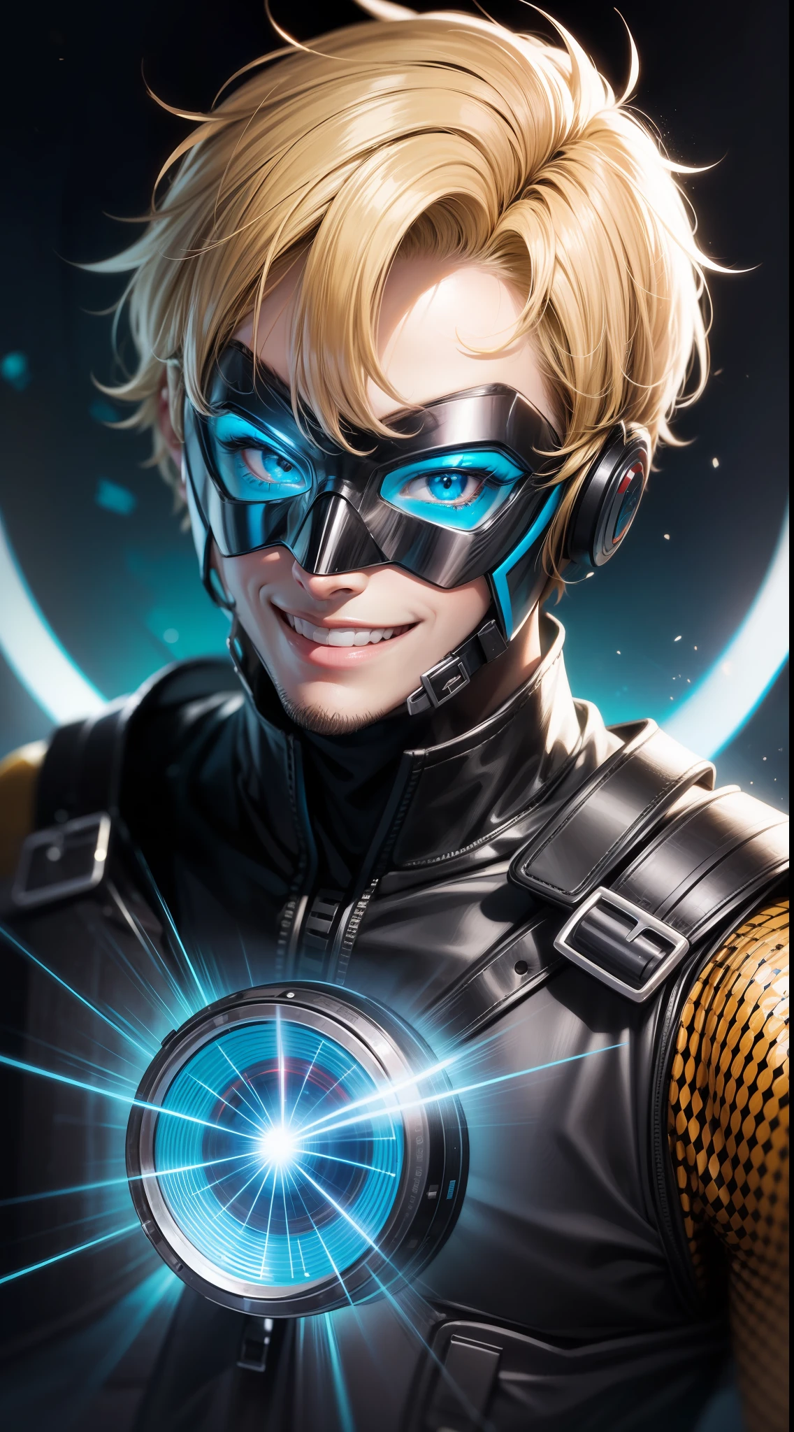Young guy, short blonde hair, cyan eyes, yellow blue superhero costume, superhero mask, smile, laser, masterpiece, high quality