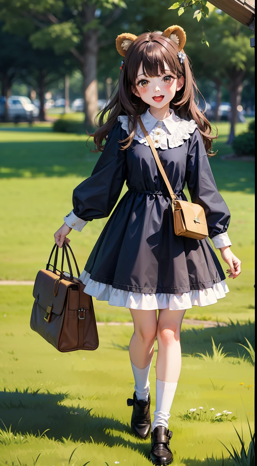 best quality, masterpiece, extremely detailed, detailed background, 1 girl, brown hair, animal ears, long hair, solo, stuffed animal, bear ears, brown eyes, stuffed animal, teddy bear, shoes, socks, food, mary jane, smile, open mouth, long sleeves, full body, shoes, frilly socks, cookies, frills, bag, dress, cup, stand, teacup, brown socks, bangs, wavy hair, simple background, blush, frilly dress, shoulder bag, sun, landscape, grass, picnic