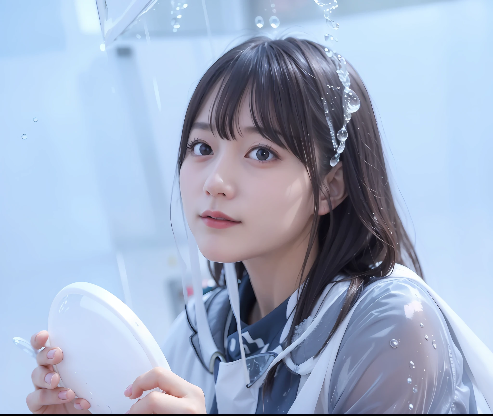 there is a woman that is holding a frisbee in the rain, soap bubble mind, wearing translucent sheet, her face is coated in a whitish, chiho, covered in slime!!, covered in water drops, her face flushing and sweat, character is covered in liquid, screenshot from a movie, raining!!, clear cute face, glass bubble helmet, soap bubble