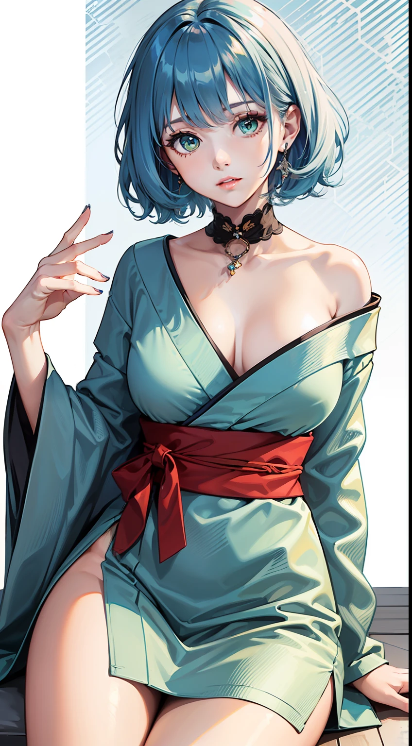 [(white background:1.5)::5], hexagon,masterpiece, (best quality), ((1girl)),young,upper body,((blue hair)),((green eyes)),(((hand between legs))),short hair,expressive hair,short kimono,perfect hands,game cg,absurdres, wallpaper, illustration