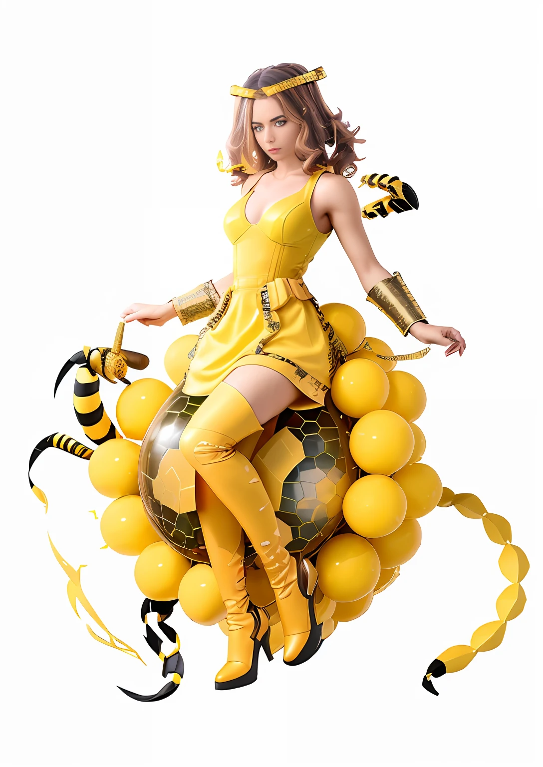 Alafi in yellow sitting on a pile of yellow balloons, human structure bee concept art, futuristic female beekeeper, fantasy beekeeper, beautiful yellow woman, Carol Barker UHD, 3 D rendered character art 8 K, made by bees, rendered in April, elegant yellow skin, inspired by Jeff Koons, wearing honey-themed miniskirt, masterpiece picture quality, 8K resolution, best quality, dynamic footage