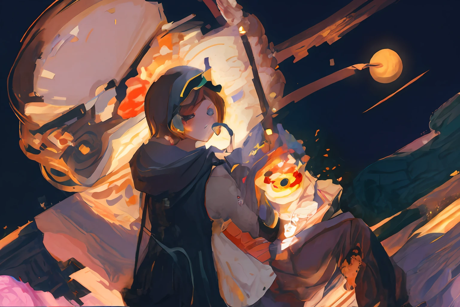 🌌 In the cosmic setting, a 2D anime character holding a drink and a doughnut, Loepfe Art Style, Yoko Taro Doujin Art, High Quality Anime Style, Official Doujin Art, Anime Aesthetics, . ✨🕌🌙 ❤🔥🍄🌪