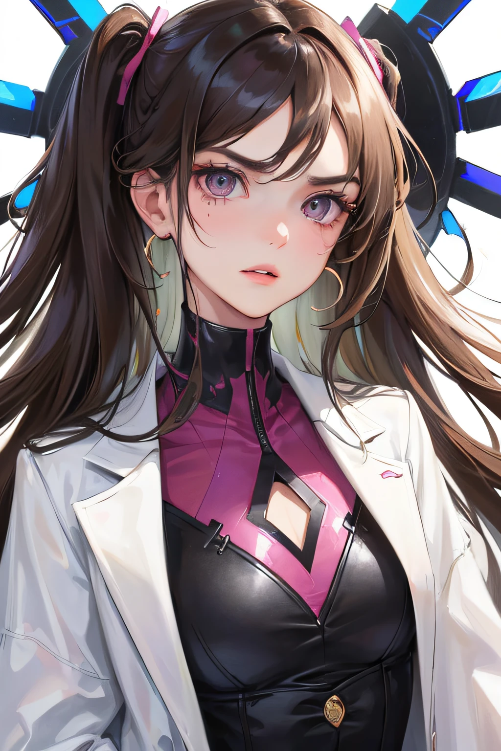 (highest resolution, distinct_image) best quality, feminine masterpiece, high detail, semi-realistic, (most body), long hair, bangs, 18 years old, young, black fit, pink-purple flight suit, stand up collar shirt, pointed face, (tan eyes, hair between the eyebrows), fluorescent long coat (broken glass), (pure white background), cold, serious, authoritative, powerful, (standing painting), (delicate facial features, exquisite facial features)