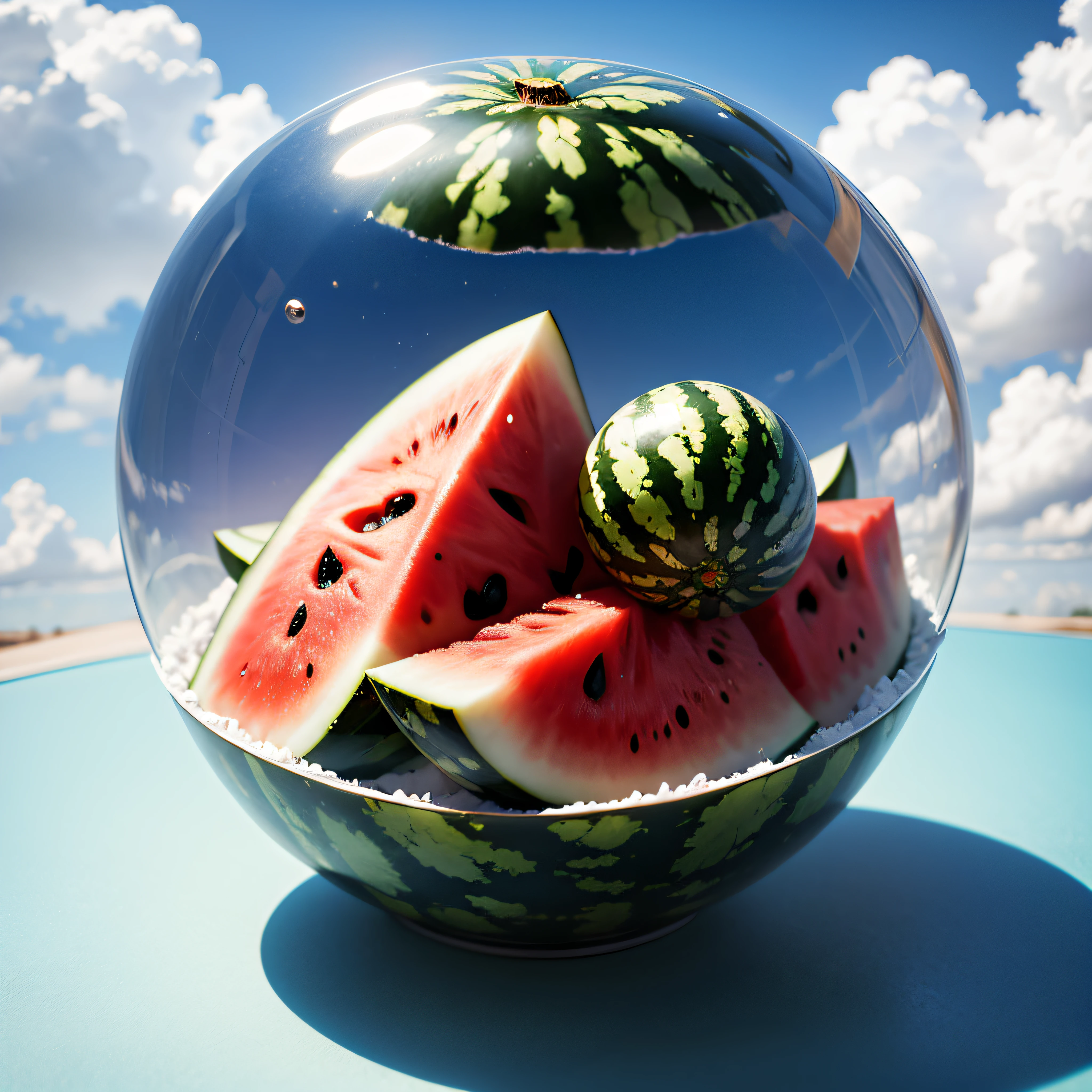 Blue sky background, cut watermelon, round watermelon --auto