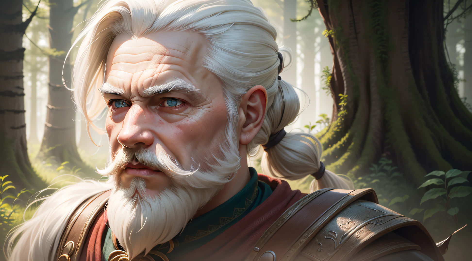 (Gorgeous Photo:1.3) of (Ultra detailed:1.3), dwarf, white beard, white mustache, white hair in pony tail, viking style, forest, evening, close look, Highly Detailed, (close portrait:1.3), (beautiful:1.4), perfectly detailed eyes, studio lighting, thematic background..Facing front