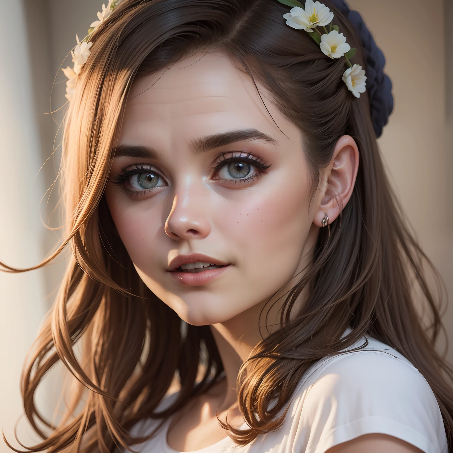 ((Jenna Coleman)), dressed, (photorealistic:1.4), (hyperrealistic:1.4), (realistic:1.3), (more uniform lighting: 1.05), (improvement of cinematic lighting quality:0.9), 32K, 1girl, 20yo girl, realistic lighting, backlight, light on face, raytrace, (brightening light: 1.2), (increase quality: 1.4), (best quality real texture skin: 1.4), finely detailed eyes, finely detailed face, fine quality eyes, (tired and sleepy and satisfied:0.0), Close-up of the face, T-shirts, (Increase the mood of the body line: 1.1), (Increase the beauty of the skin texture: 1.1)