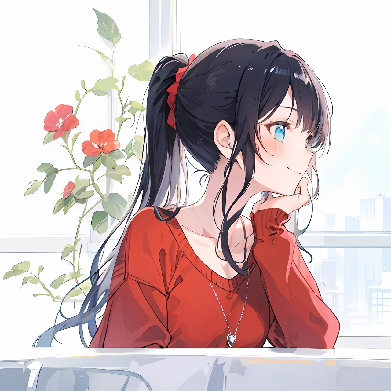 A girl, upper body, avatar, smile, blush, red sweater, indoor, daytime, simple background, blue sky, long hair, black hair, ponytail hairstyle, moderate lighting, side face, anime style