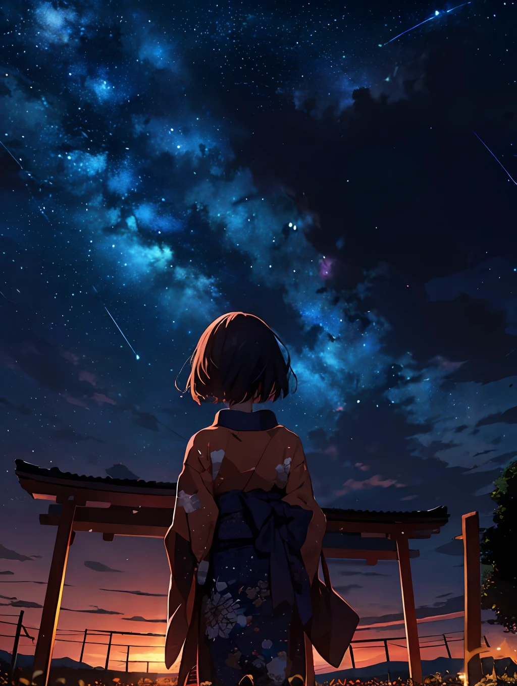 1girl, distant girl wearing a kimono staring at the stars, (zoomed out:1.1), (meteor shower:1.2), (comet:1.1), your name, low angle, from behind, aroura borealis, shooting star, yukata, red kimono, cherry blossoms, standing in a field,best quality, masterpiece,  cloud,colorful, starry,stars,