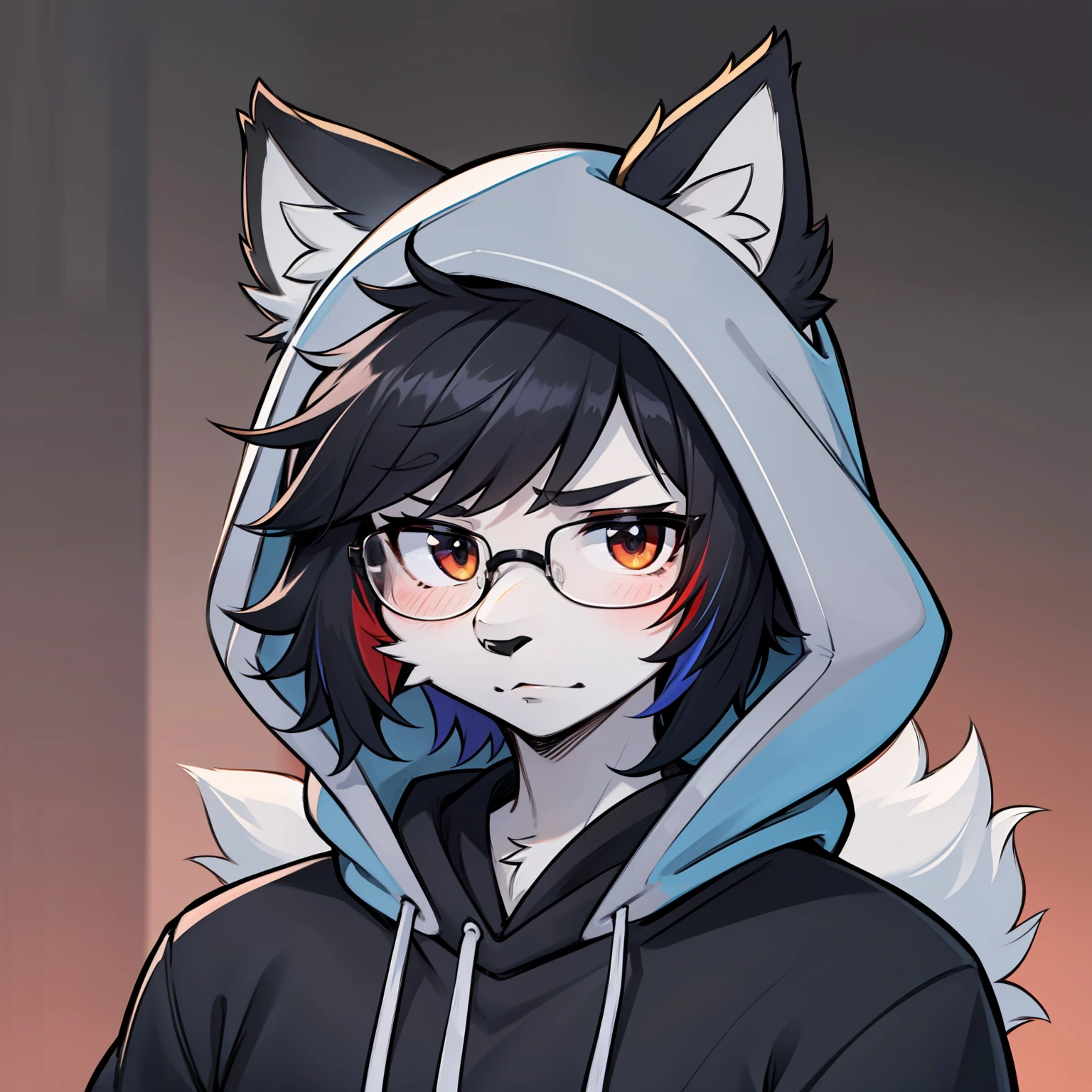 Hairy, black-eyed, soloist, hairy male, minor, full body fur, fluffy fur, white paws, blue-white fur, dark blue sweatshirt, black trousers, black hair, gray ears, gradient hair, multicolored hair, black glasses, fluffy tail, red stripes, short hair, blunt bangs, hood, boring, serious, black hair