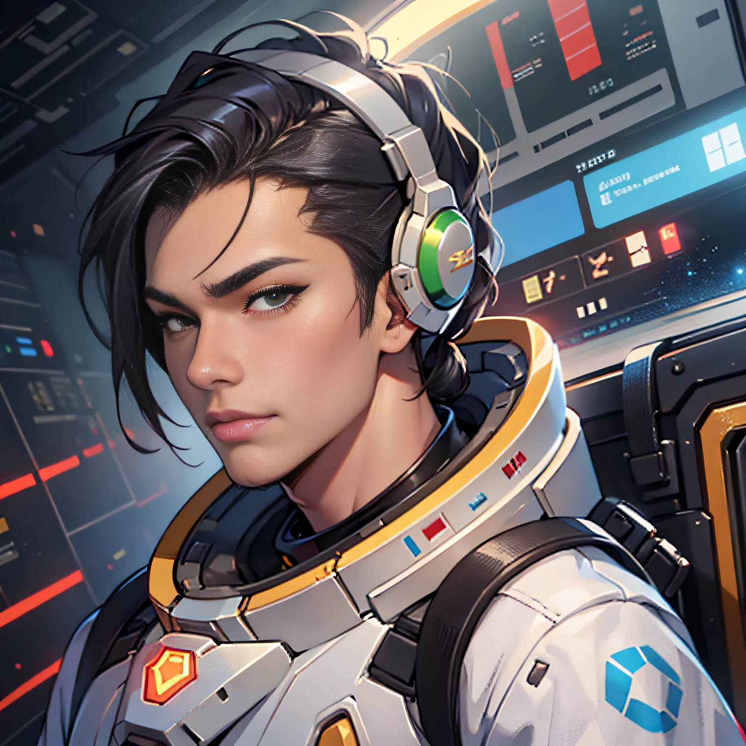 a close up of a man in a space suit with a clock in the background, rossdraws portrait, :: rossdraws, artgerm jsc, rossdraws 1. 0, baptiste from overwatch, rossdraws 2. 5, rossdraws 2. 0, epic portrait illustration, rossdraws and jazza, detailed anime character art, rossdraws digital painting