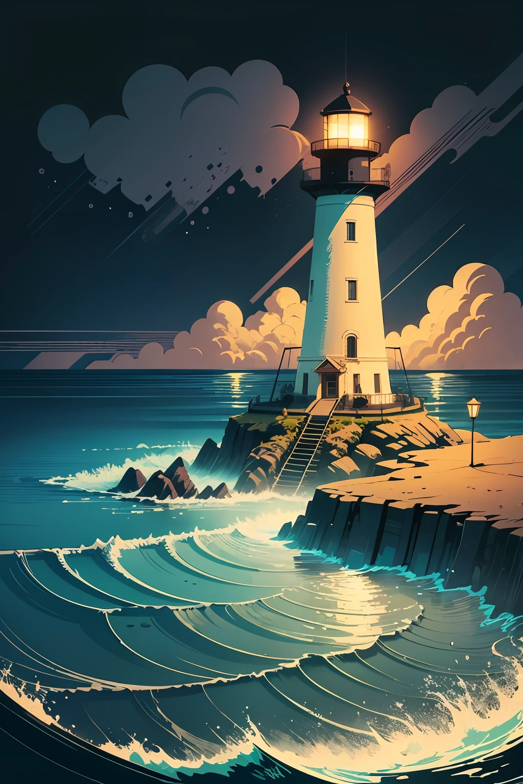 colorized seascape at night, lighthouse, in the style of graphic novel inspired illustrations, intricate landscapes, guatemalan art, #pixelart, poster art, sublime wilderness, high-contrast shading, stylized, van gogh, Screenprint, Op art, Glitch art --auto --s2