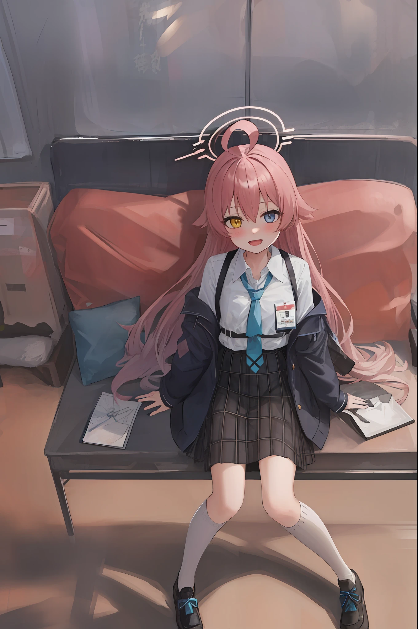 1girl, hoshino (blue archive), solo, heterochromia, pink hair, skirt, long hair, necktie, ahoge, shirt, halo, plaid skirt, blue eyes, plaid,  looking at viewer, white shirt, sitting, orange eyes, chest harness, harness, long sleeves, id card, open mouth, very long hair, collared shirt, smile, blue necktie, bangs, feet out of frame, between legs, hand between legs, blush, hair between eyes, highres,masterpiece, best quality