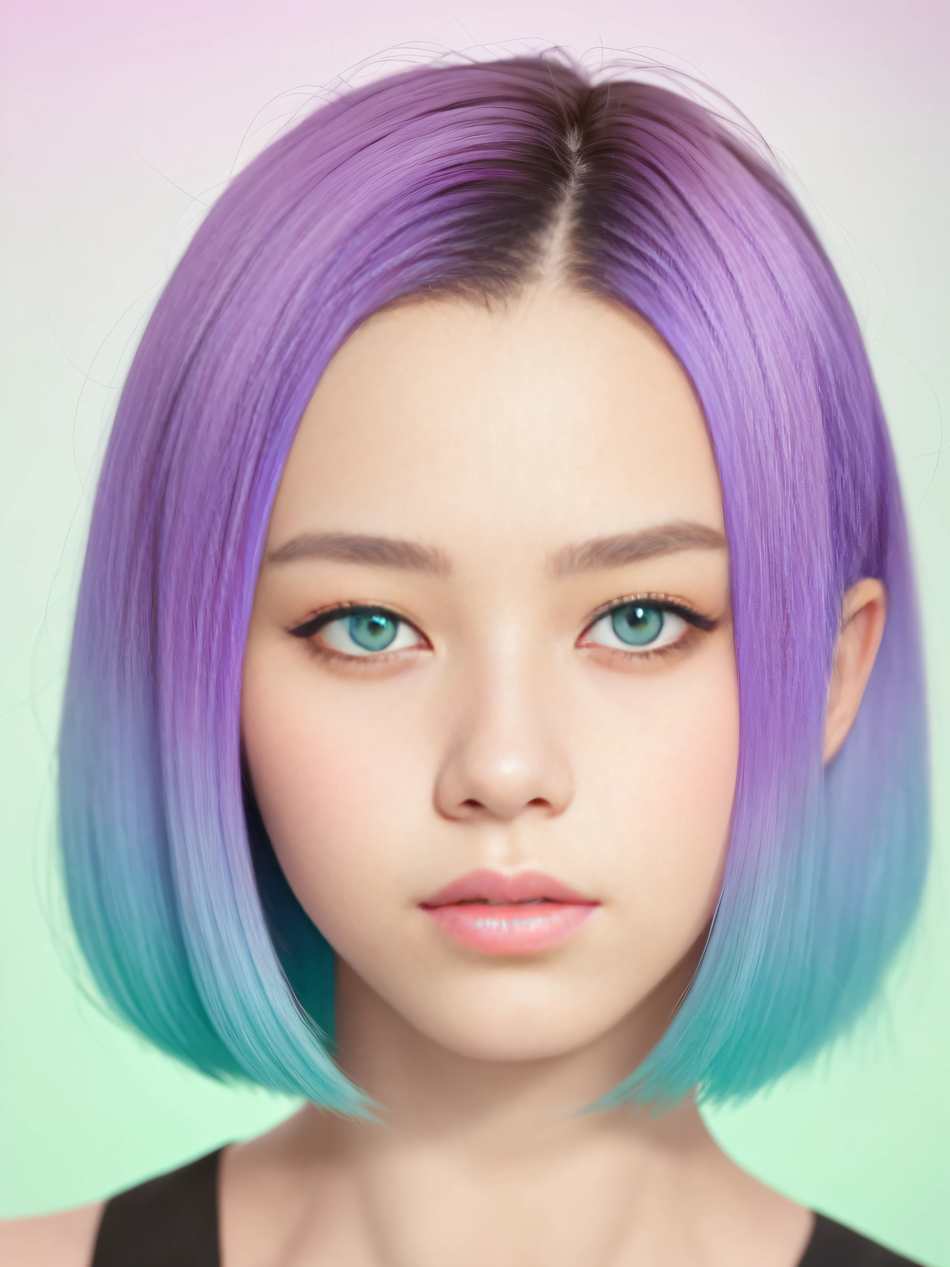 Symmetry, a gradient color hair and purple background woman, pale round face, realistic portrait, 8K, highly detailed face, round face, straight hairstyle, beauty filter, single realistic face, Korean symmetrical face, light green tone beautiful face, soft round face, beautiful face