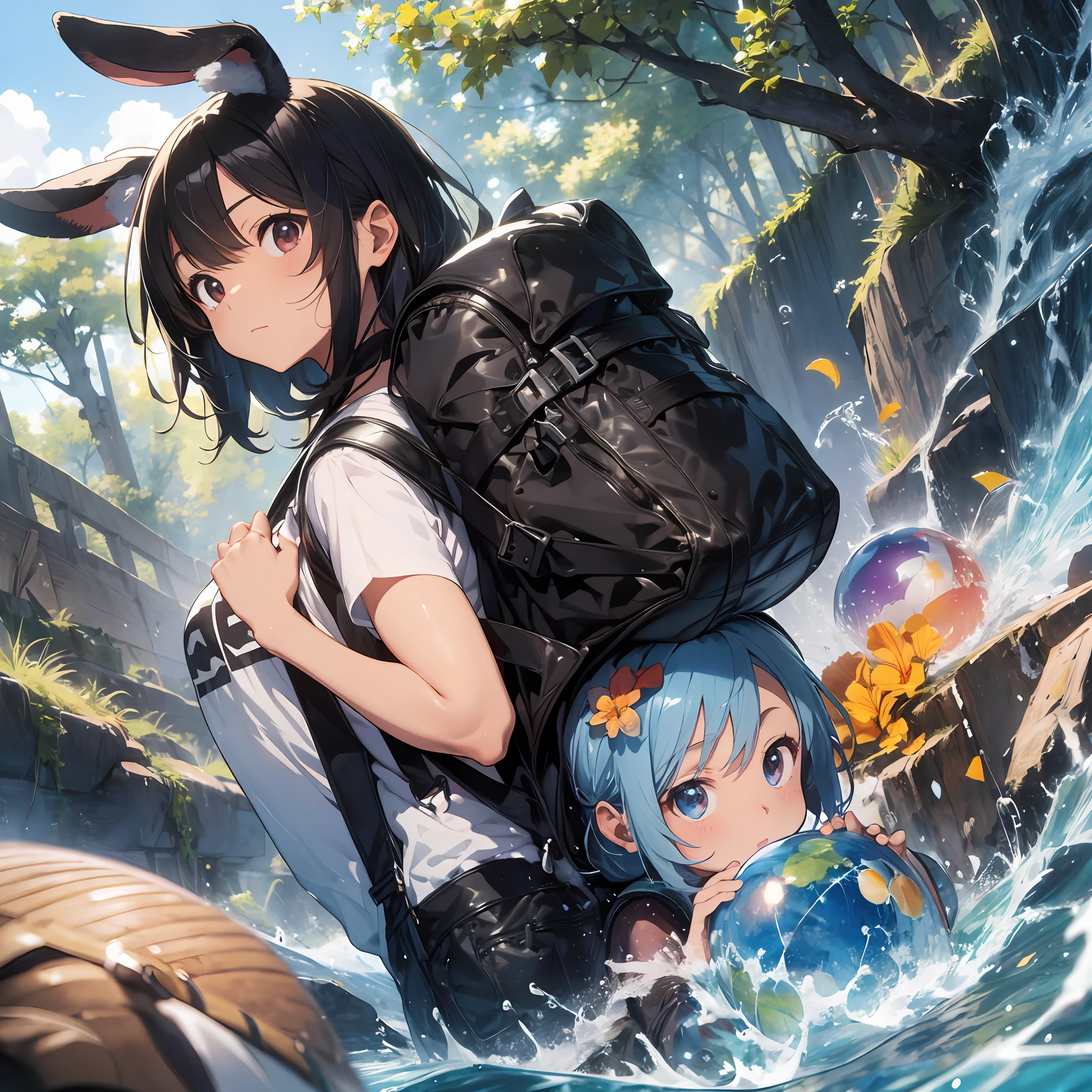 Backgrounds are forest, big tropical fish, water spheres, lots of big tropical fish, thick eyebrows, (huge backpack: 1.5), (dark skin: 1.3), brown skin, movie lighting, small, rabbit ears, (master master masterpiece), ((highest quality)), (super detailed), shiny skin, full body anime girl, clean and detailed anime face, high resolution anime eyes, five fingers, Textile shading, perfect human structure, perfect anatomy,