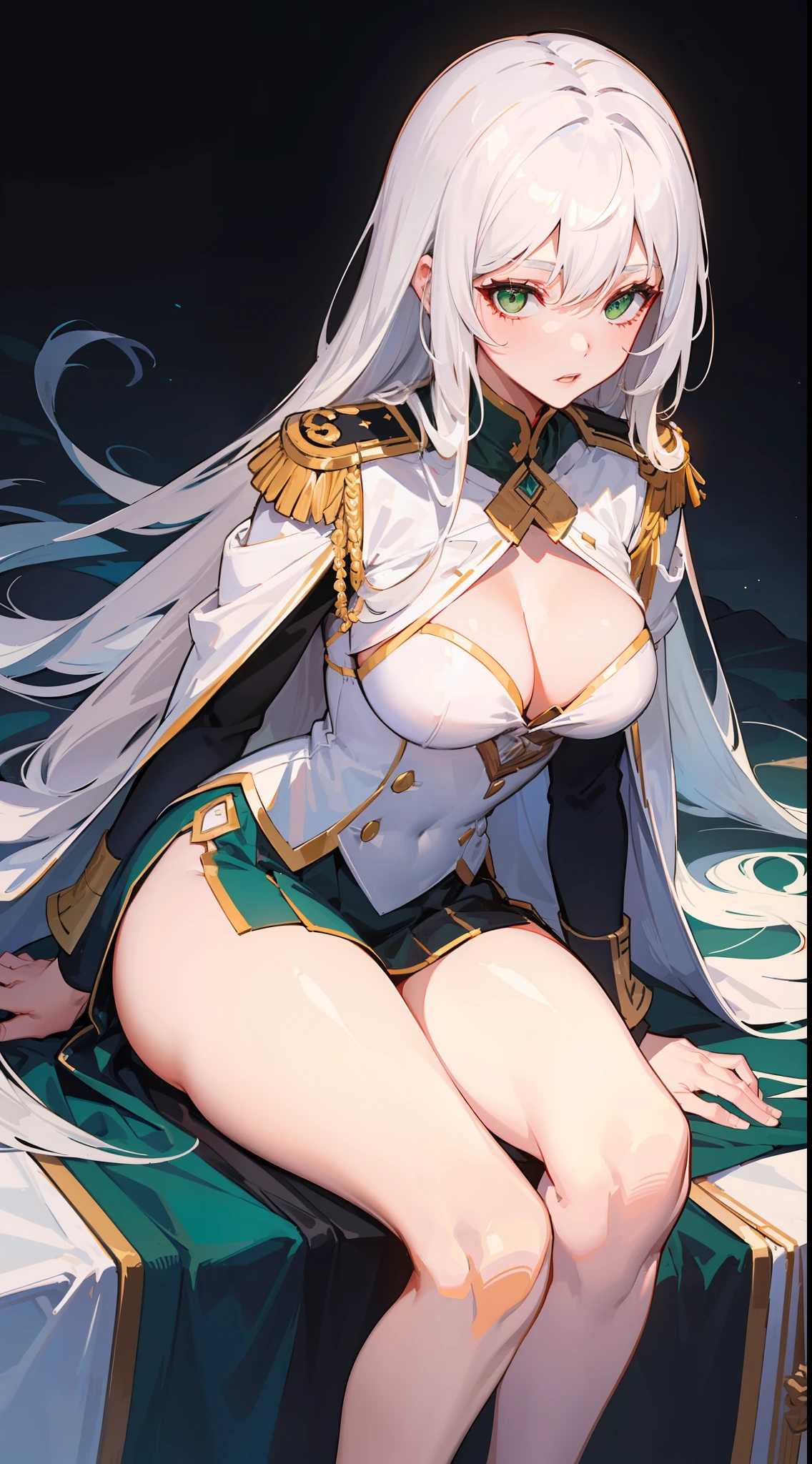 1mommy, sharp white long hair, sharp green eyes, wear white imperial uniform, she is Empress of Light, her body like a milf, she is  bit hot mommy