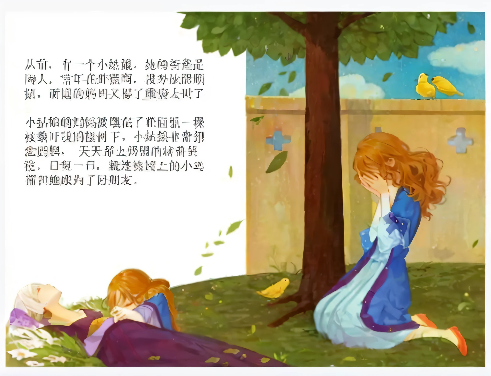 The girl's mother was lying on the ground next to the tree, and the girl covered her face and cried
