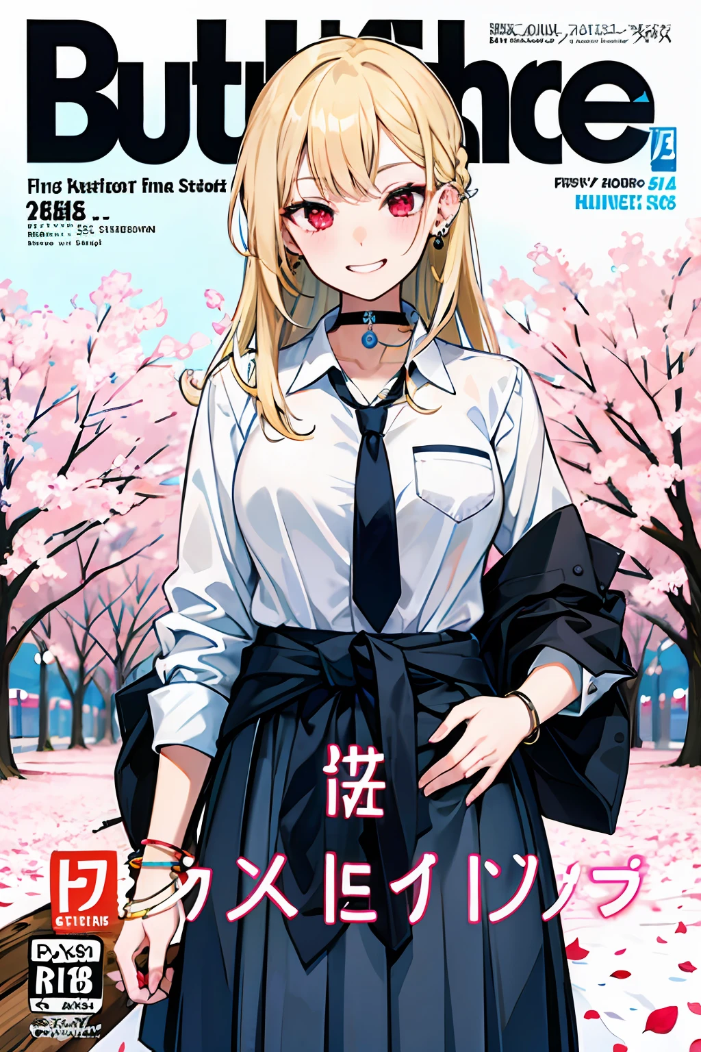 masterpiece, best quality, full body,
1girl, bangs, black choker, black necktie, blonde hair, blue skirt, blush, bracelet, breasts, choker, clothes around waist, collarbone, collared shirt, cowboy shot, dress shirt, ear piercing, eyebrows visible through hair, gradient hair, grin, gyaru, jewelry, kogal, long hair, looking at viewer, loose necktie, necktie, piercing, plaid, plaid skirt, pleated skirt, red eyes, ring, school uniform, shirt, skirt, smile, solo, white shirt,
street, sky, cherry blossoms, petals,illustration, (magazine:1.3), (cover-style:1.3), fashionable, woman, vibrant, outfit, posing, front, colorful, dynamic, background, elements, confident, expression, holding, statement, accessory, majestic, coiled, around, touch, scene, text, cover, bold, attention-grabbing, title, stylish, font, catchy, headline, larger, striking, modern, trendy, focus, fashion,