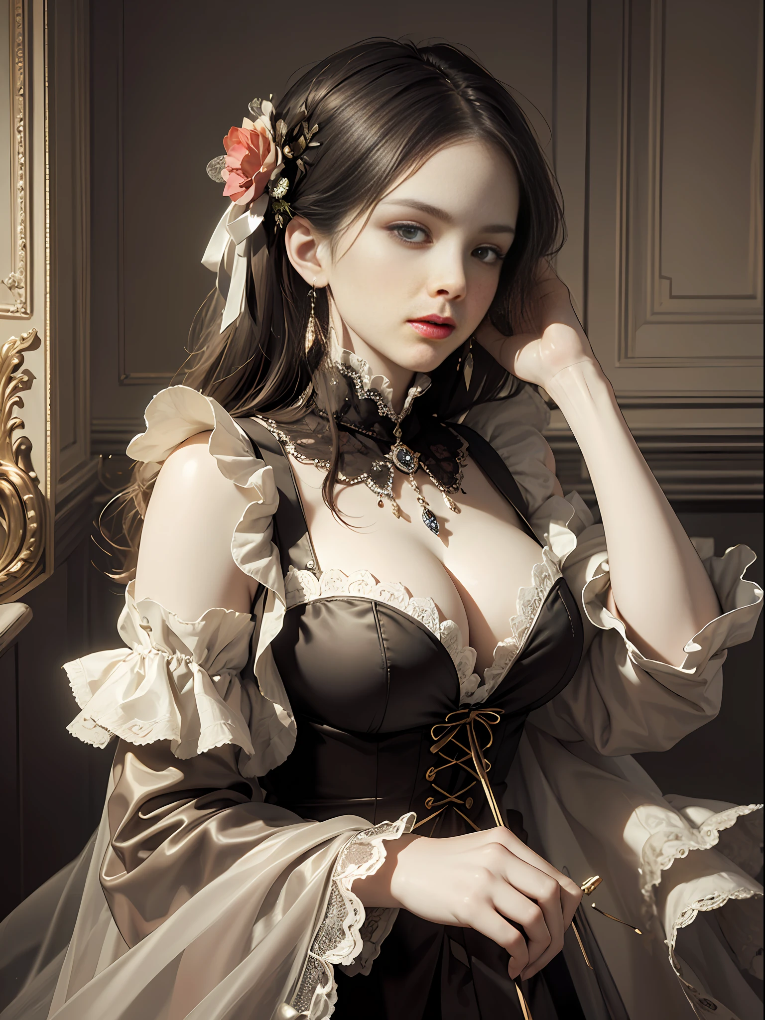 (Pure Color: 0.9), (Color: 1.1), (Masterpiece: 1,2), Top Quality, Masterpiece, High Resolution, Original, Highly Detailed Wallpaper, Beauty, Victorian, Dress, Melancholy, Big Breasts, Sepia Color, 40 years old --auto --s2