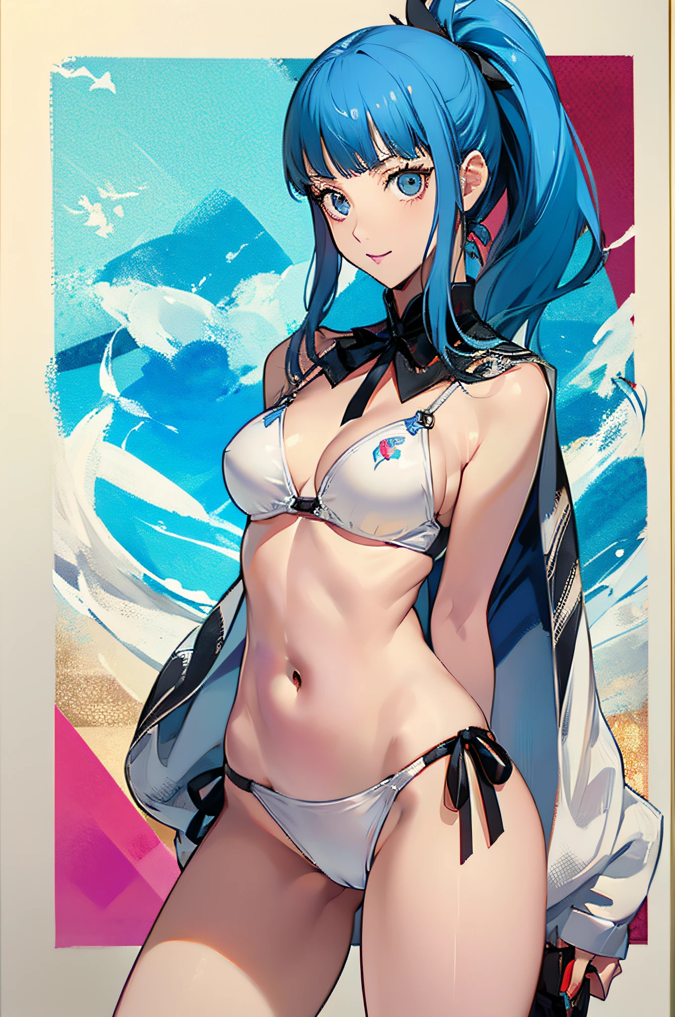 Persona 5 Art Style, Persona 5 Style, Kasumi Yoshizawa, Girl in Swimsuit, Full Length Portrait, High Quality, Ponytail, Small Breasts, Bangs, Smooth Thighs, Patsun, Top Quality, Ultra High Definition, Fine Eyes, Slender Legs, Fine Beautiful Eyes, 8K, White Bikini, Protruding Buttocks, Blue Hair