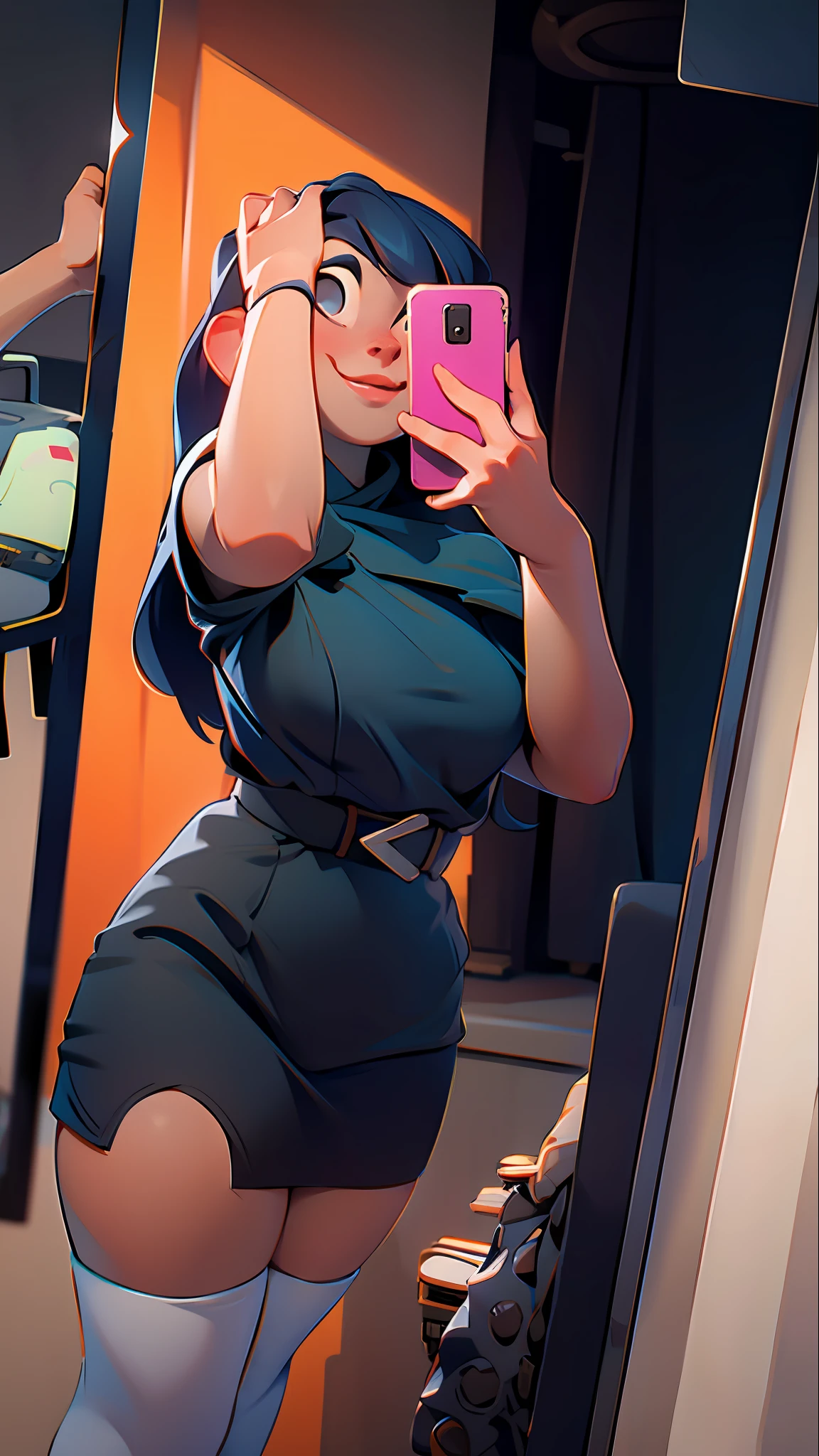 There is a woman taking a selfie in a mirror, 30 years old, short black dress, long black hair, white