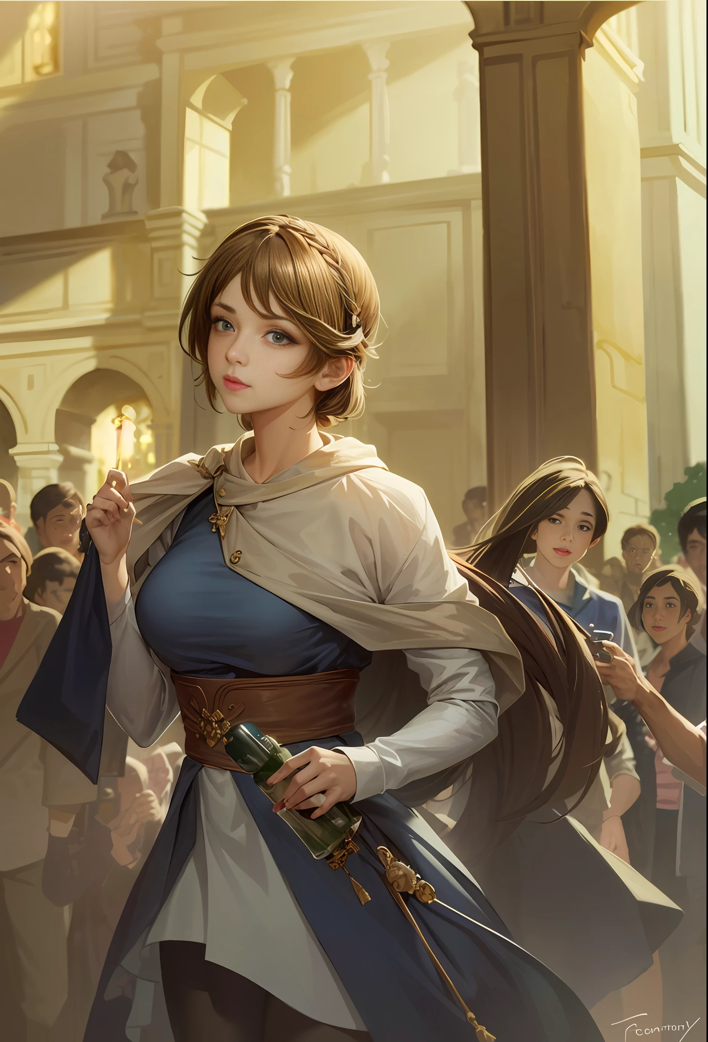 Model shooting style, (extremely detailed CG Unity 8k wallpaper), full-shot body photo of the most beautiful artwork in the world, stunning beautiful photo realistic available, super realistic super detailed photo, a beautiful girl as a female dancer entering the Loggia dei Lanzi of Florence,complex dress, banquet, crowd, [slight smile], (Sculpture of Hercules background), (princess eyes, shining pupils), detailed symmetrical beautiful hazel eyes, detailed gorgeous face, highly detailed, Vibrant, professional majestic oil painting by Ed Blinkey, Atey Ghailan, Studio Ghibli, Jeremy Mann, Greg Manchess, Antonio Moro, ArtStation Trends, CGSociety Trends, Complex, High Detail, Sharp Focus, Dramatic, Realistic Painting Art, by Midjourney and Greg Written by Rutkowski