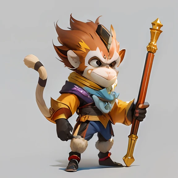 Game character design, cartoon characters, two-and-a-half-head height partial cartoon characters, character setting mechanical Monkey King, facial features like Monkey King in Dragon Ball, human facial features, strong mechanical sense, head-up side character setting, no background, white background, reasonable and good color matching, 8k octane rendering, movie lighting, --auto