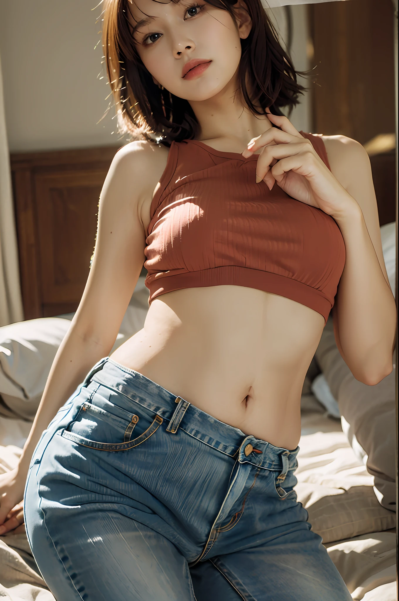 Top quality, masterpiece, ultra high resolution, (realistic: 1.4), original photo, official art, wallpaper, bust photo, skin, simple background, brown eyes, details, fingers, one girl, brown hair, short cut, red shirt, belly navel, shabby jeans shorts, indoors, bed, sunlight, water mist, studio light,