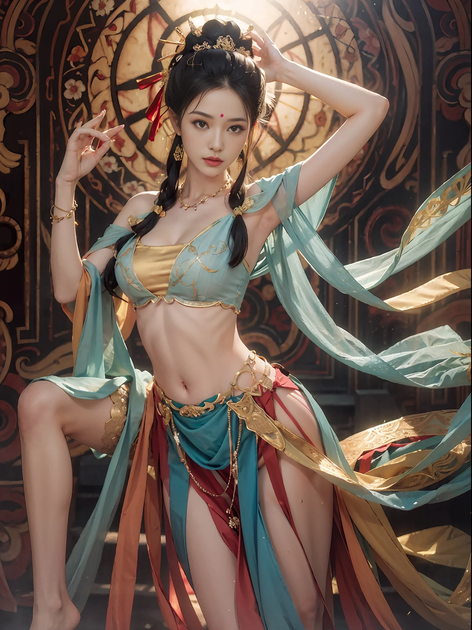 Top Quality, Masterpiece, Ultra High Resolution, 1girl, beautiful_face, Detailed Skin, Full Body, Jewelry, Solo, Earrings, (Tue: 1.3), Blurry, Realistic, Lips, Dunhuang Style, (Zentangle: 1.2), (Flower: 1.4), Big Breasts, Navel Reveal, Big, Armpits, Camel Toes, Barefoot, Barefoot, Barefoot, Top Quality, masterpiece, highly detailed detail, high resolution, 8k, complex detail, realistic, photorealistic, dramatic lighting, 1girl, dunhuang_clothes, dunhuang_dress, partially hidden by clothing, (see-through: 1.3), through a thin veil, glimpse of the chest, creating an attractive and suggestive effect, Get a glimpse of the contours of her skin and chest