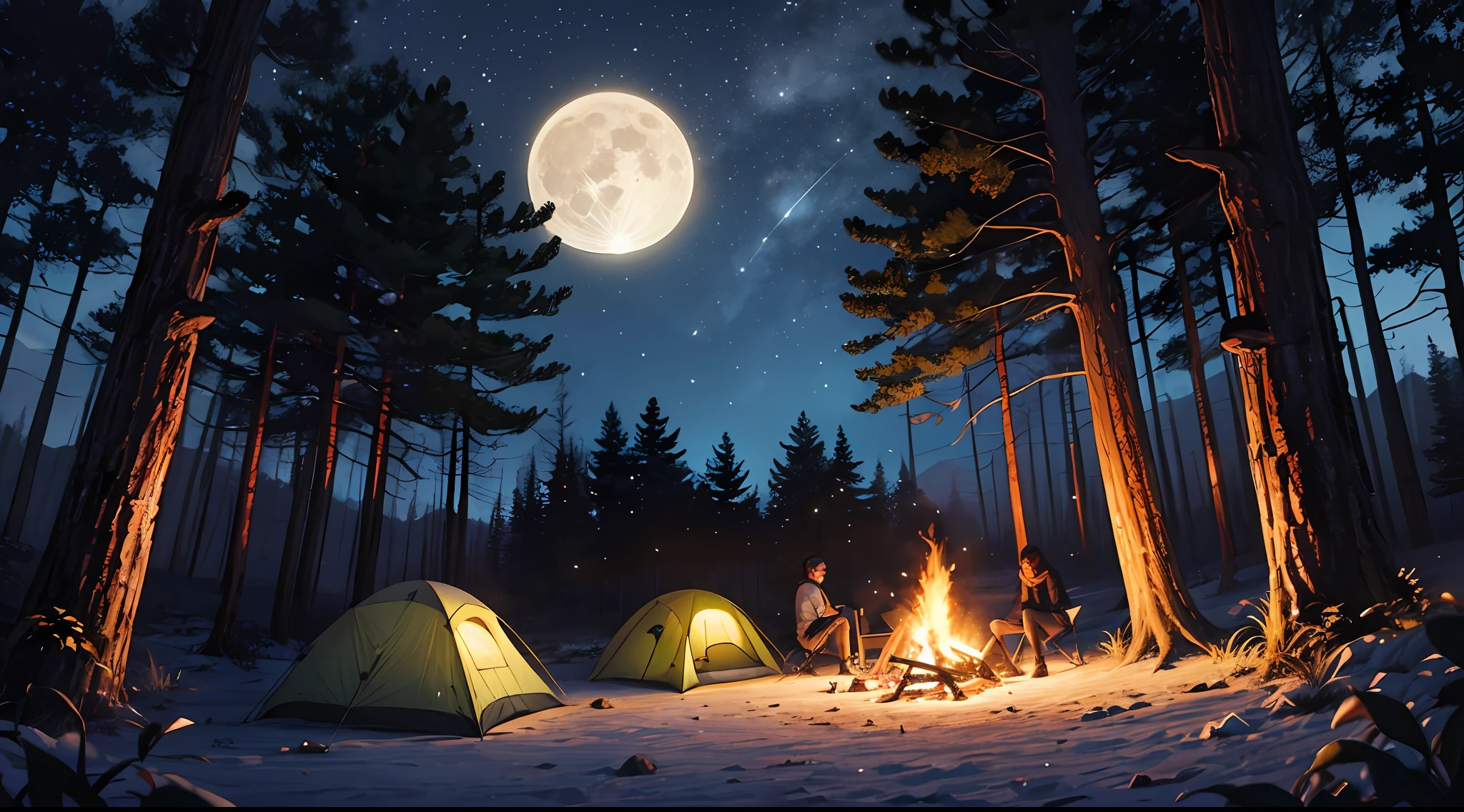People camping around a campfire in a forest at night, full moon and clear sky.