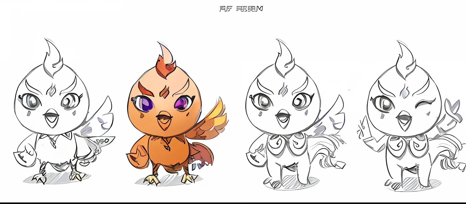 Set of cartoon phoenix with different colored eyes and beak, spirit fantasy concept art, fist game concept art, anthropomorphic chicken, official concept art, game character design, high quality character design, league of legends concept art, animation concept art, C4D, 3D rendering, blind box