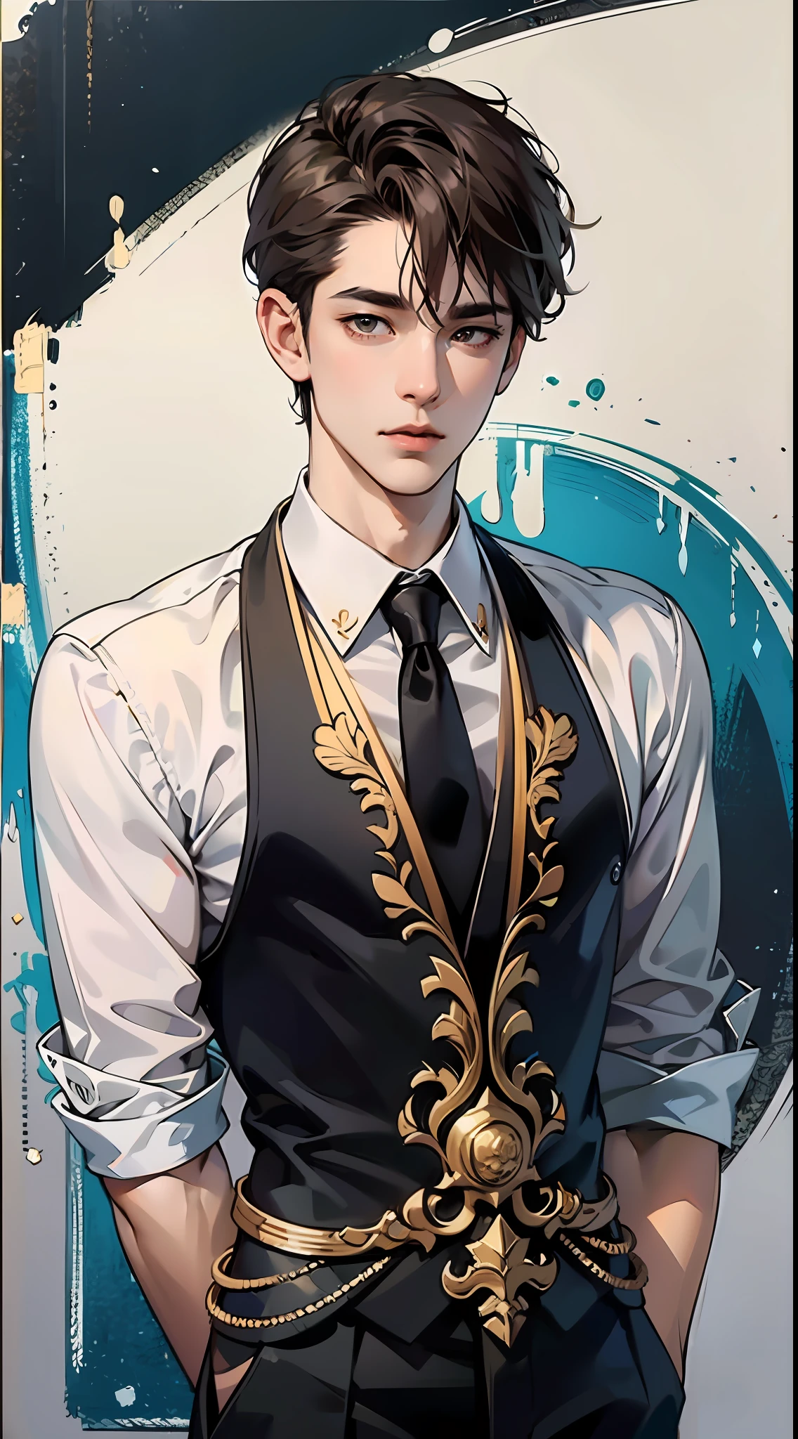 Masterpiece, best quality, black suit, brown eyes, short hair, fine eyes and detailed face, vertical picture, (standing painting), pure white background, attention ratio, 1:2, ((men)), gentle, handsome, (thin), front.